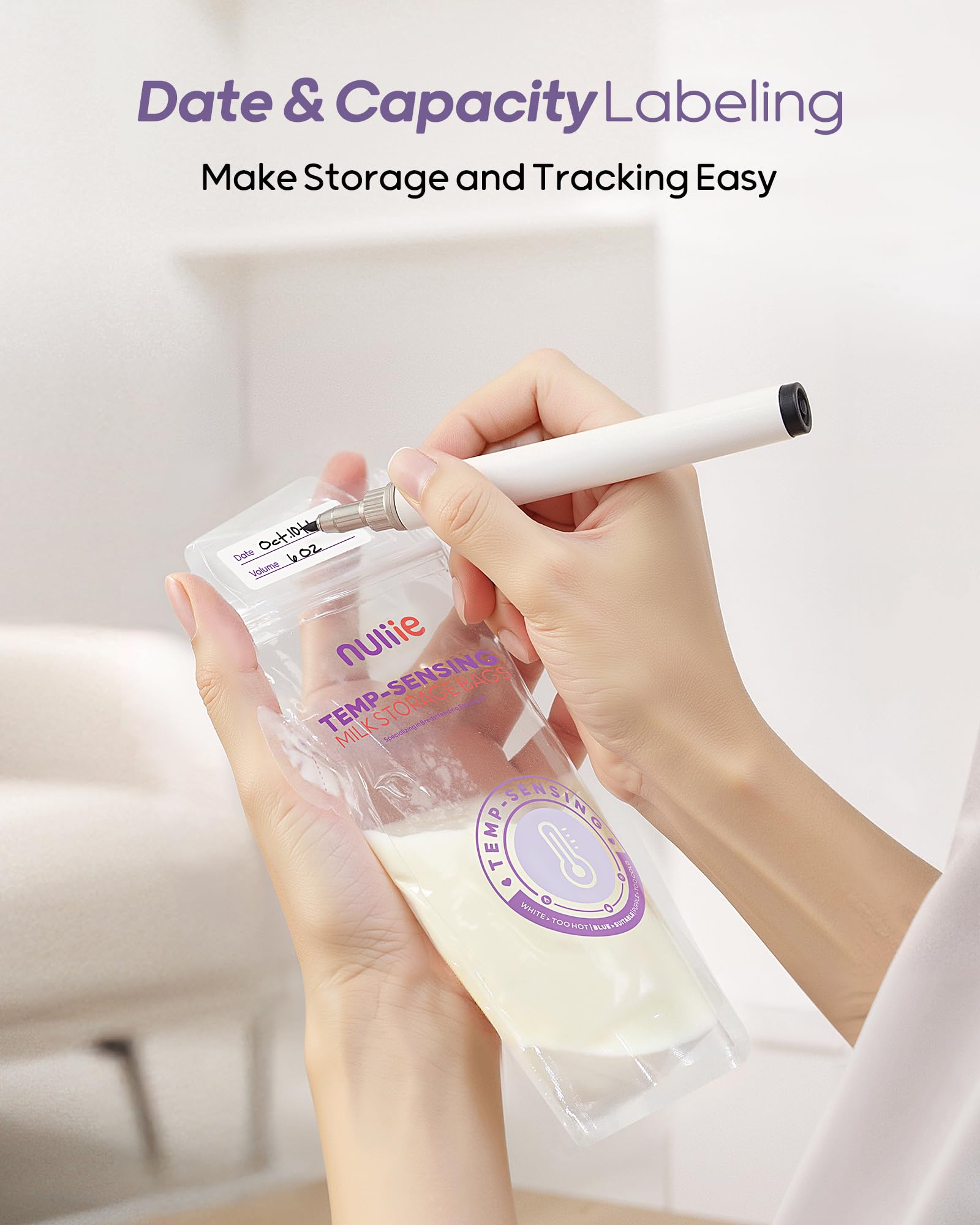 Nuliie 60pcs Temp-Sensing Breastmilk Storage Bag, Huge Temp-Sensing Icon & Locking Clamp, 6oz Breast Milk Storage Bags Freezer Pour Spout, Self Standing Milk Storage Bags Breastmilk, BPA-Free No-Leak