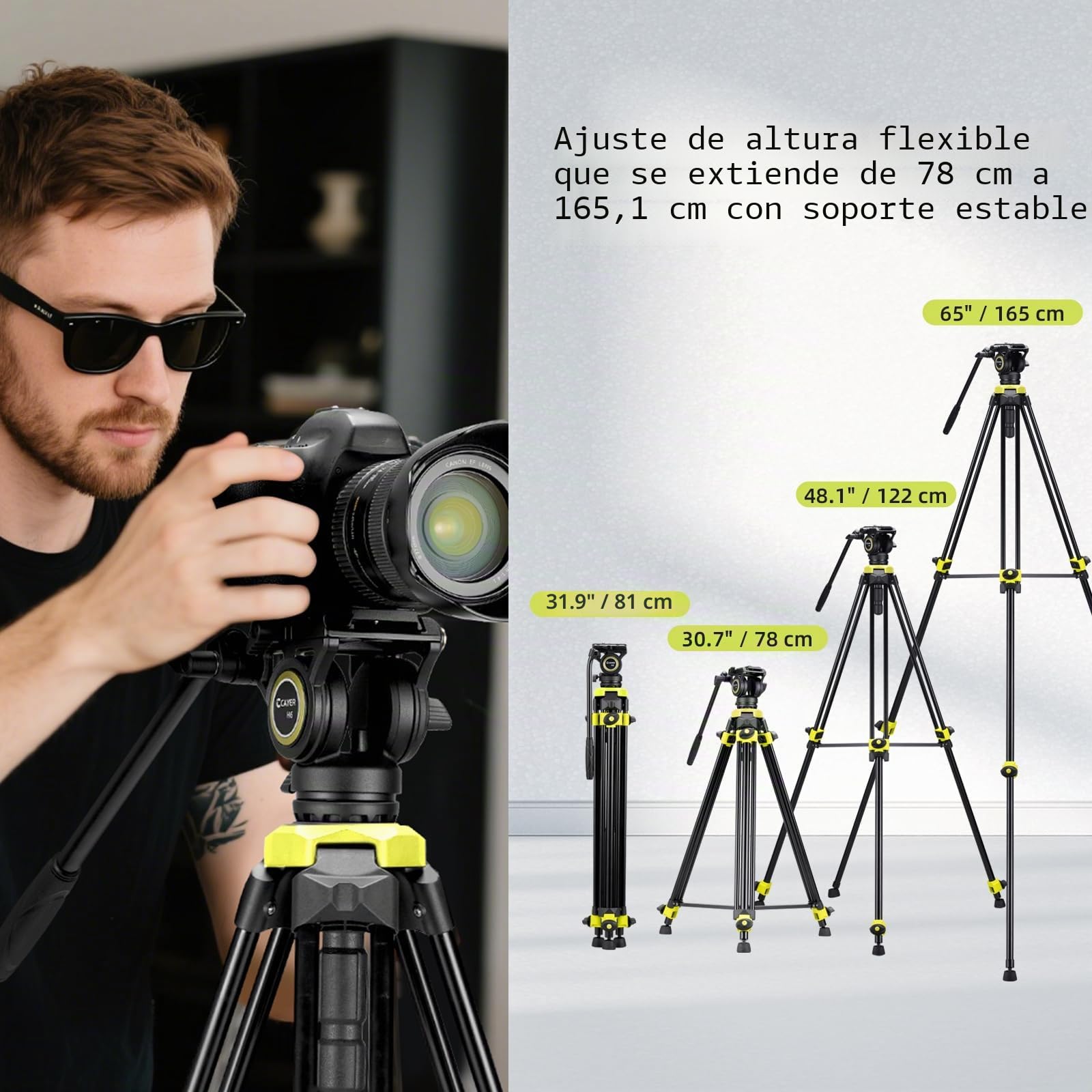 Cayer BV01 Trípode de Video Compacto con Cabeza Fluida Robusto de 165 cm con Cabeza de 360°, Trípode de Viaje Ligero de Aluminio con Placa QR, Carga Máx. 6 kg para DSLR, Videocámaras, Cámaras