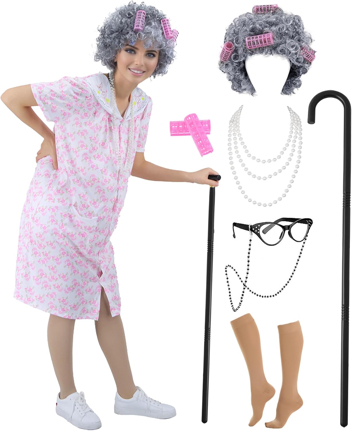 9pcs Adult Old Lady Costume for Women 100 Days of School Costume Grandma Dress Up Old Lady Costume Accessories