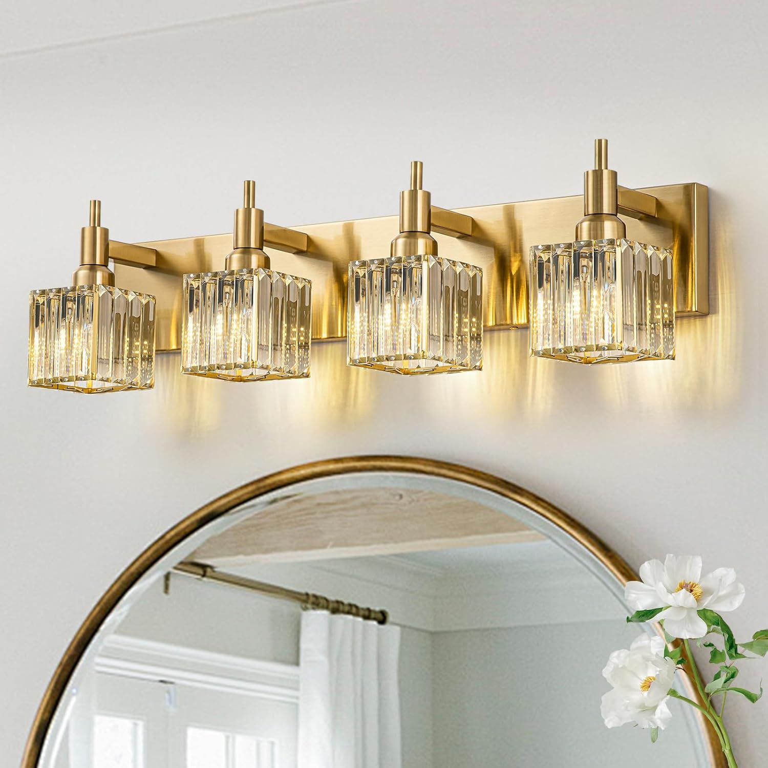Gold Bathroom Light Fixtures, 4-Lights Crystal Bathroom Vanity Light Over Mirror Modern Gold Crystal Wall Light Gold-Square Shade 4-Light
