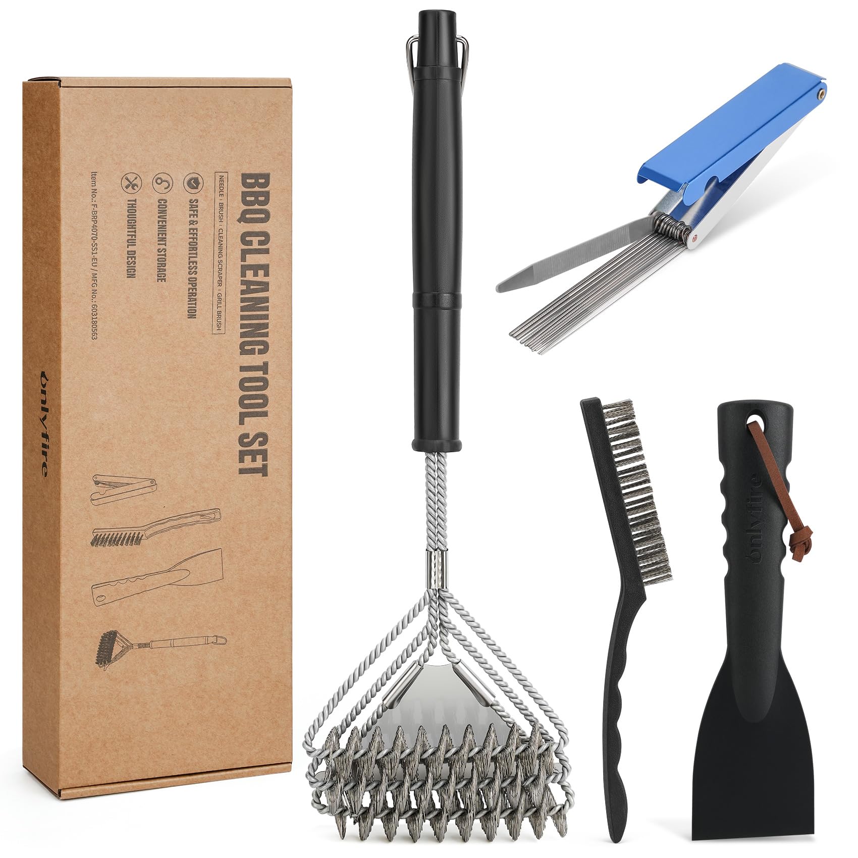 Onlyfire Kit de Nettoyage Barbecue INOX - 2 Brosses, 1 Grattoir, 13 Tiges pour BBQ Gaz, Charbon, Plancha