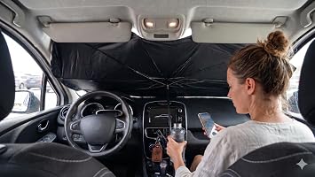 Araba Ön Cam Güneşliği Şemsiye (140x80 cm) - Deri Kılıflı Katlanabilir Oto Güneşlik, Isı ve UV Engelleyici Titanyum Gümüş Kaplama