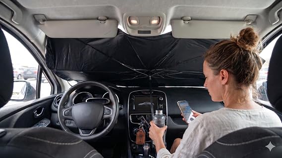 Araba Ön Cam Güneşliği Şemsiye (140x80 cm) - Deri Kılıflı Katlanabilir Oto Güneşlik, Isı ve UV Engelleyici Titanyum Gümüş Kaplama