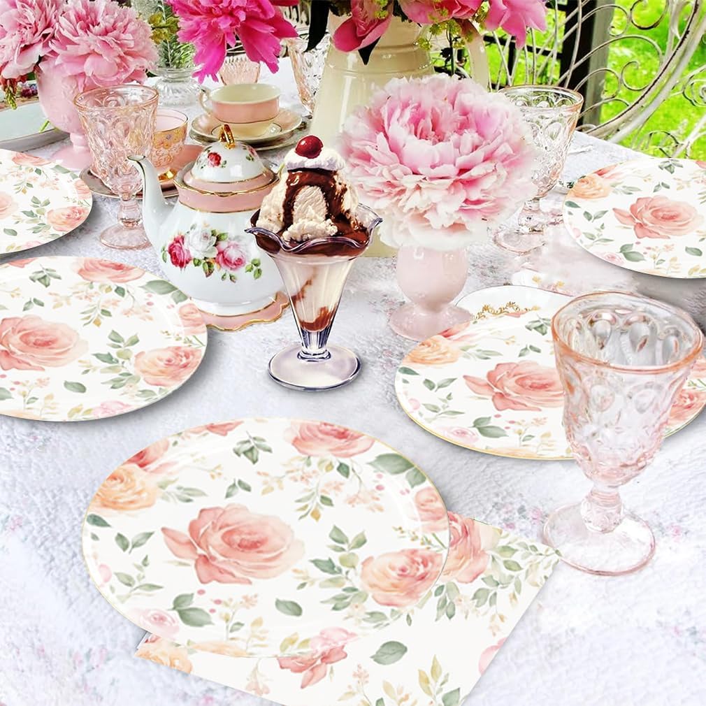 Egami 40pcs Floral Birthday Party Supplies,include 20 Dessert plate and 20 Napkin,Used for Bridal Baby Shower Pink Rose Gold Party Decoration (Floral)