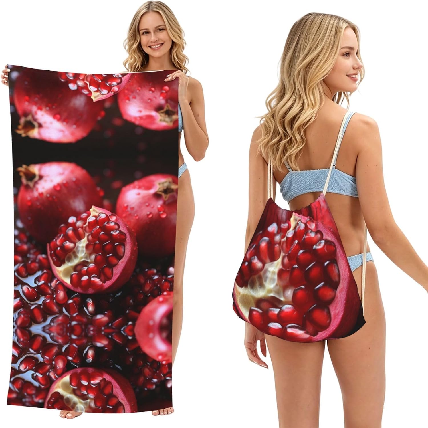 2 in 1 Packable Towel Bag,Soft Absorbent Pool Towels Backpack Quick Dry Lightweight Beach Towels Pomegranate Fruit Drawstring Bag for Travel Camping Sports Picnic