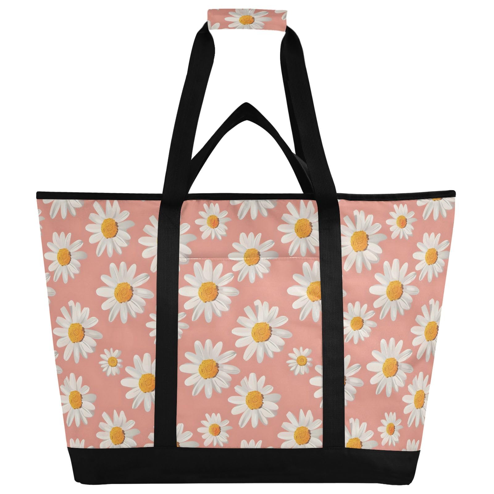 Borsa termica termica con stampa a margherite rosa, borsa termica riutilizzabile, con cerniera, grande, per viaggi o campeggio