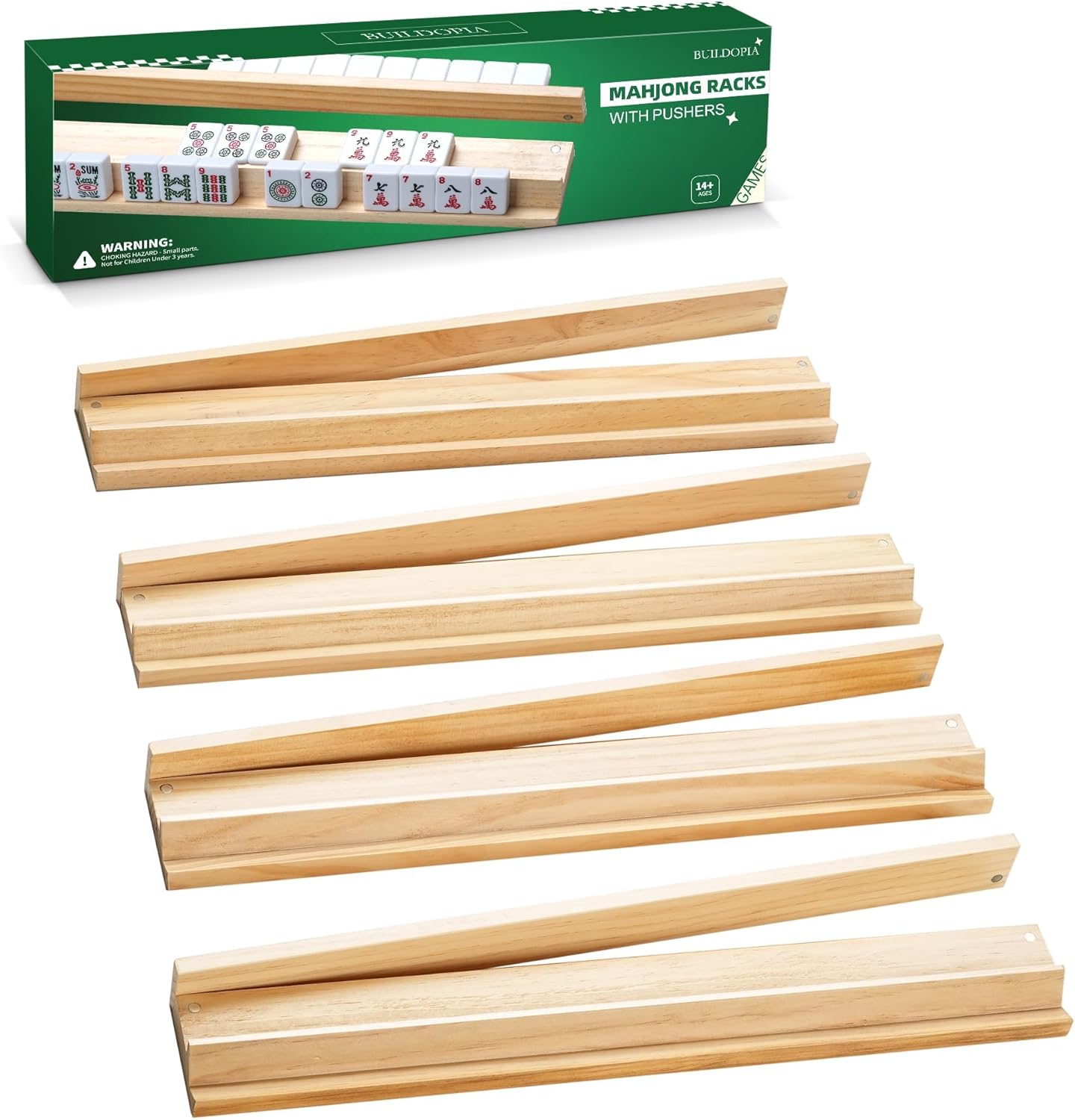 Wooden Mahjong Racks with Pushers, Set of 4, Solid Wood Tile Racks with Push Sliders for American/Mahjongg Tiles, Game Night & Tile Organizer