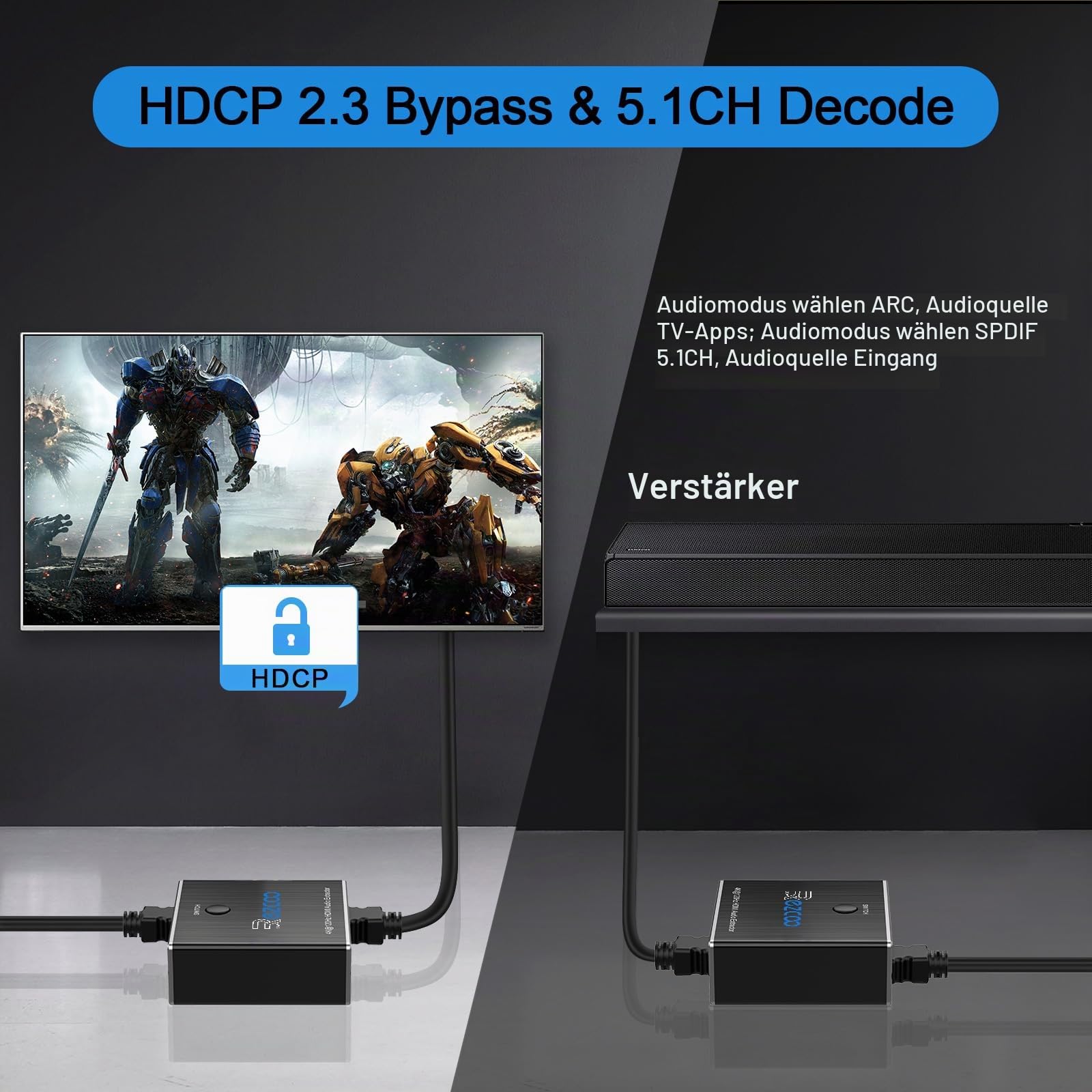 Audio Extractor HDMI 2.1 4K 120Hz VRR ALLM HDCP2.3 HDR10 ARC Audio Extractor Switch 2 in 1 Ausgang Audio Konverter SPDIF Optisch Stereo Audio Breakout Dolby Digital EDID für PS5 Xbox