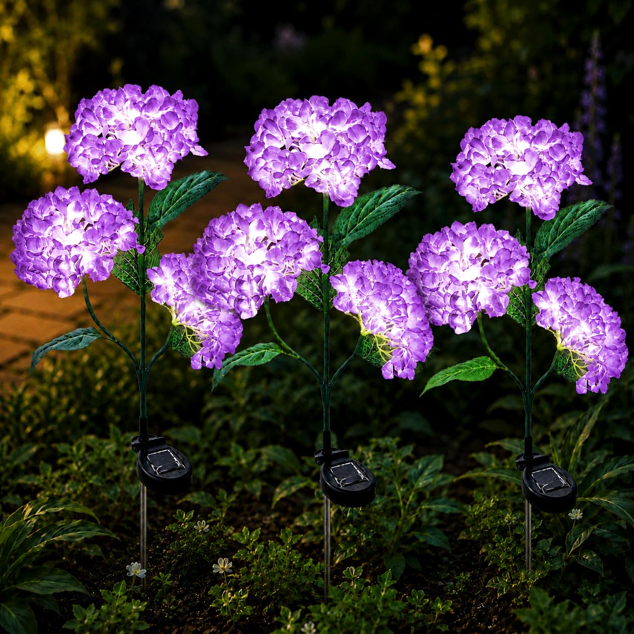 nnOuOnn 2Pack Solar Flower Lights Outdoor Waterproof, 2026 LED Garden Stake Ornaments Hydrangea Solar Powered Light, Outside Decorative Artificial Flowers for Yard Patio Lawn (3-Pack（Purple）)