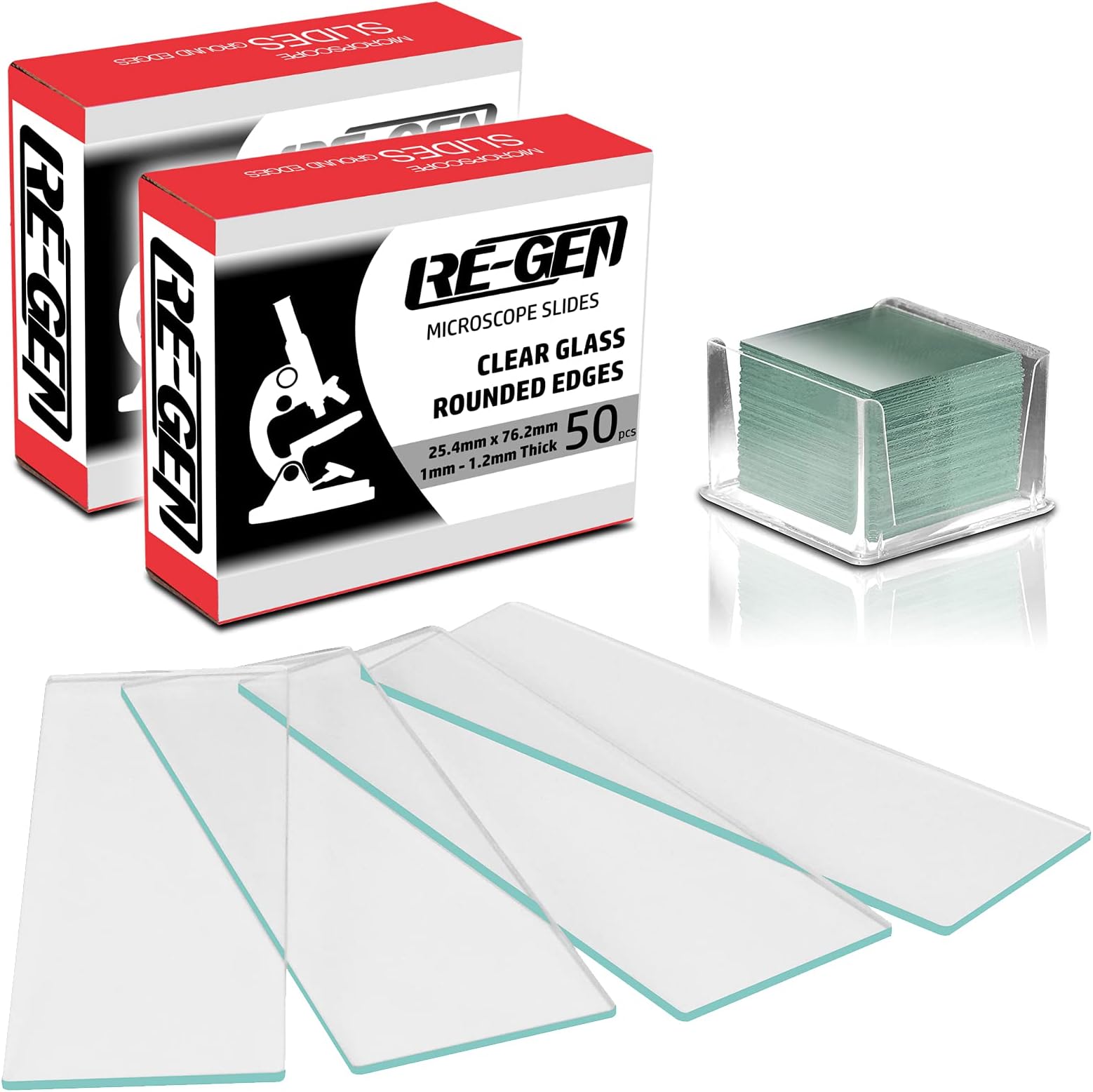 RE-GEN - 100pcs Blank Round Ground Edge Clear Microscope Slides + 100 Square Cover Glass Slips