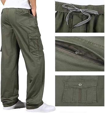Mens Elastic Waist Straight Multi Pockets Cargo Pants With Drawstring