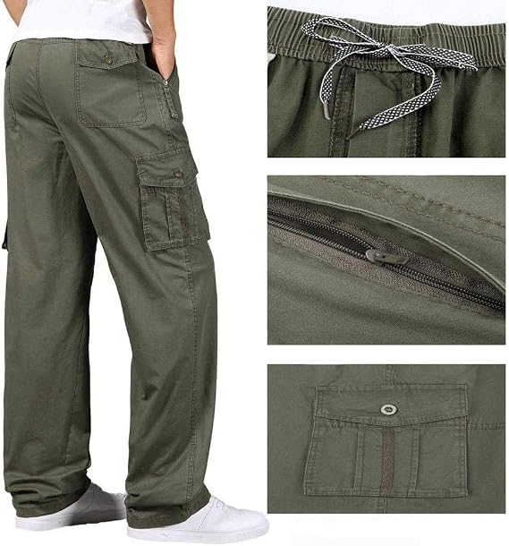 Mens Elastic Waist Straight Multi Pockets Cargo Pants With Drawstring
