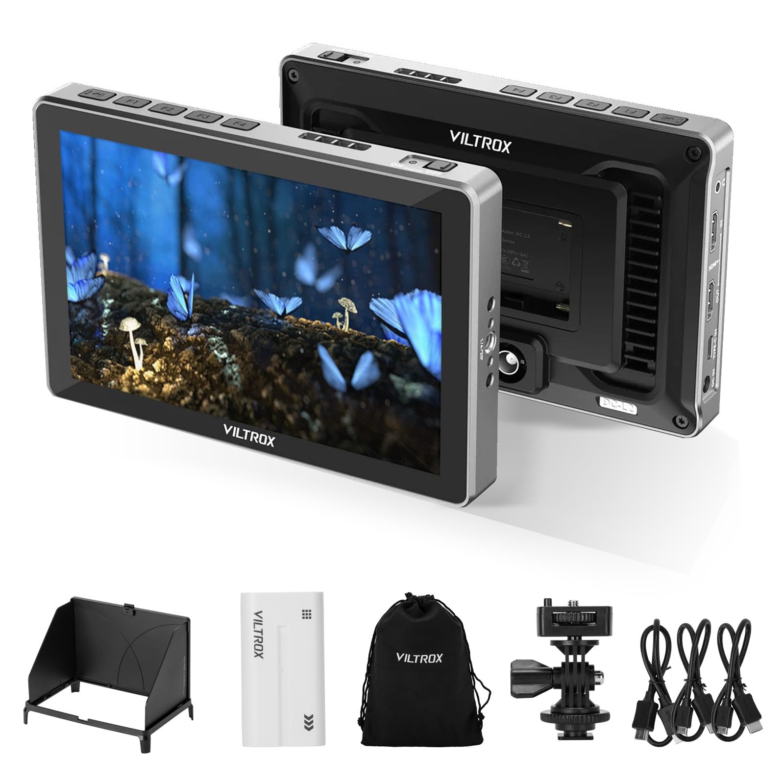VILTROX DC-L1 7" Monitor de Campo con Pantalla táctil para cámara, Entrada/Salida HDMI 4K 60 Hz, Brillo de 600 nits, resolución 1280x800 con LUT 3D,Parasol y batería, peaking, Falso Color