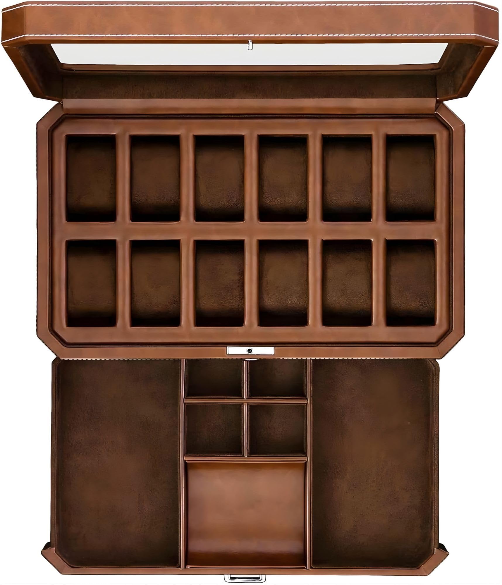 12 Slot Leather Watch Box with Valet Drawer