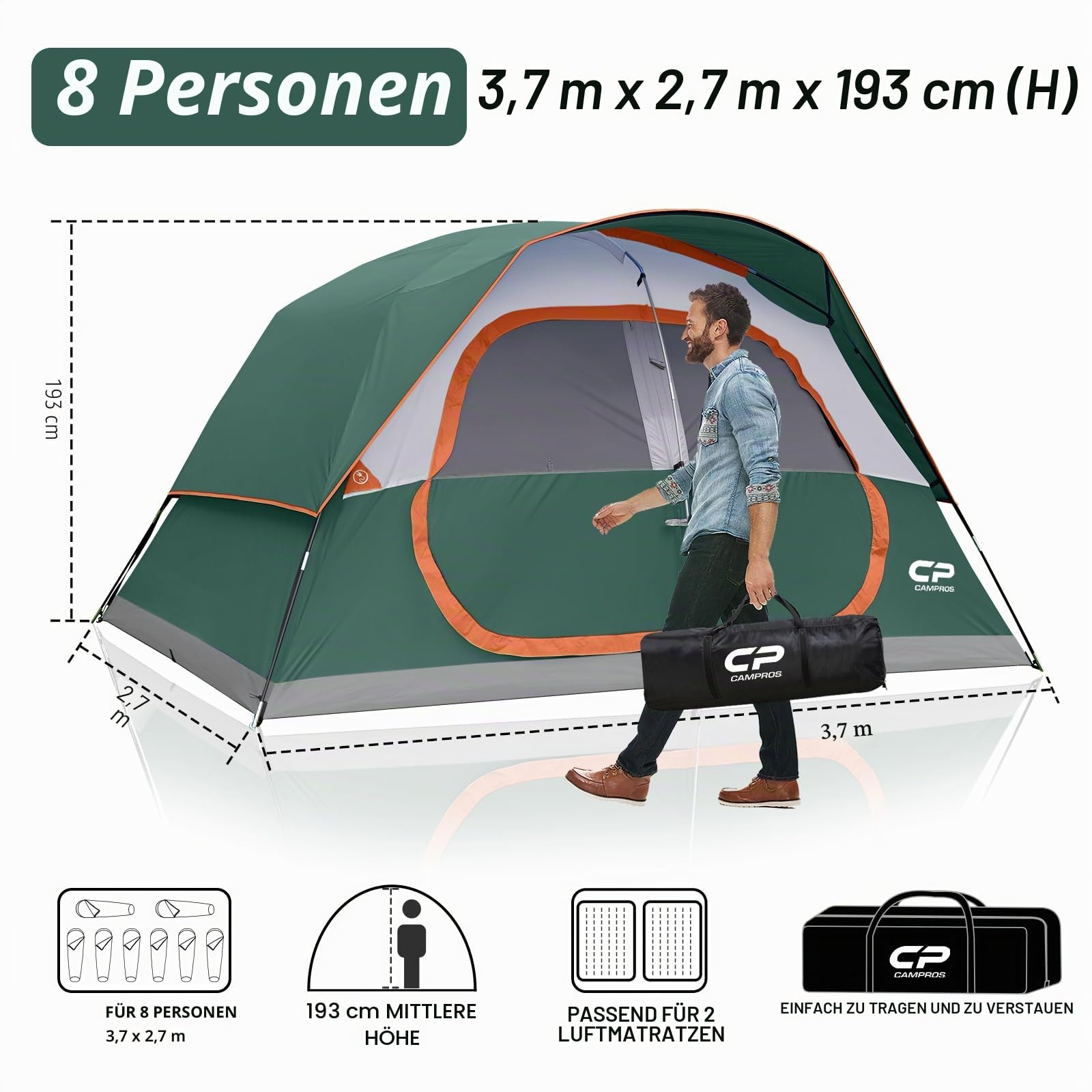 CAMPROS CP Familienzelt 6-8 Personen mit Stehhöhe 193CM, Großes Campingzelt wasserdicht mit Vorzelt & Belüftung, Cabin Zelt für Familien Camping & Festival
