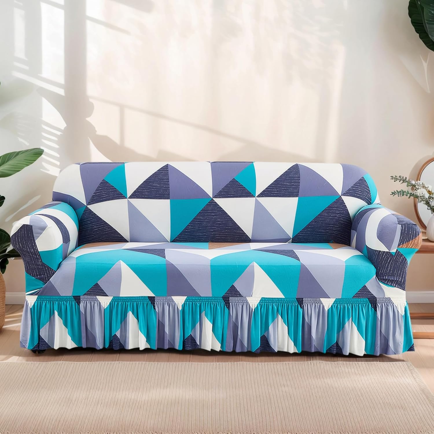 Printed Sofa Protector with Skirt Easy Fitted Furniture Cover High Stretch Non-Slip Couch Cover Washable Universal Sofa Slipcover Blue Geometric(75”-91”)