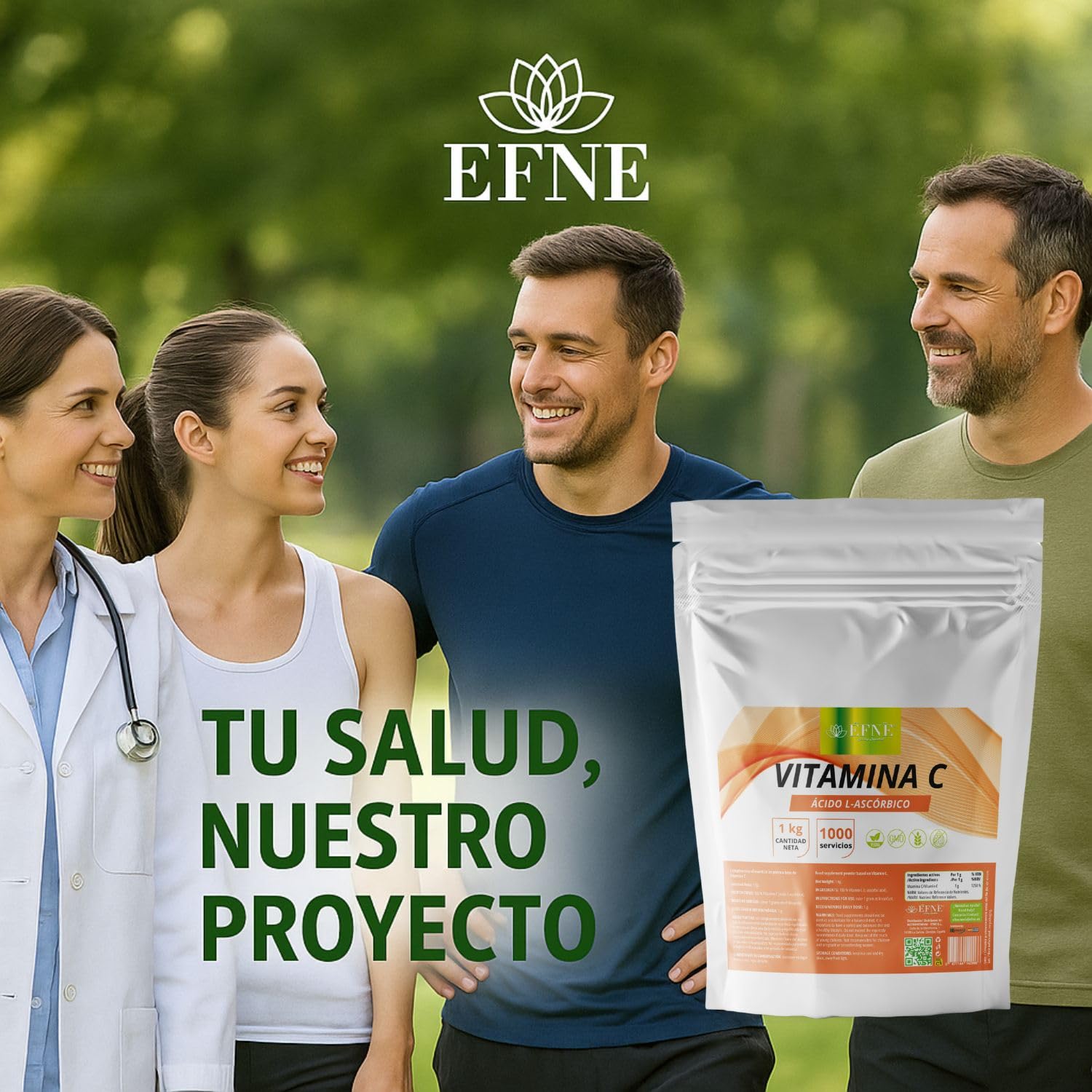 EFNE | Vitamina C Acido L-Ascórbico en polvo 1KG | Vegano | Vitamina C en polvo pura, sin aditivos ni ingredientes añadidos | 1000 Gramos | 1000mg por porción | Dosis alta