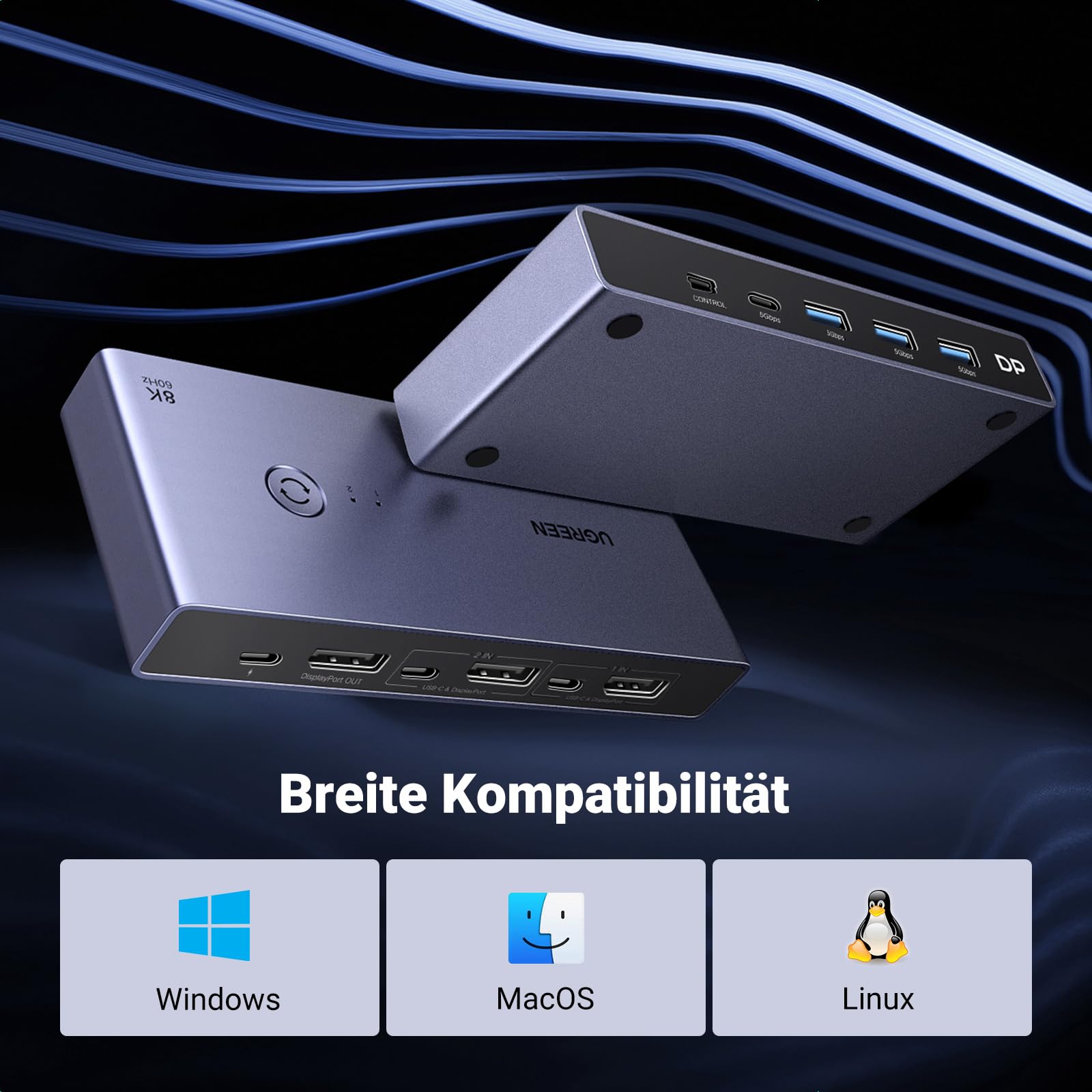 UGREEN Displayport KVM Switch 8K@60Hz, DP 1.4 mit 4 USB 3.0 Ports Unterstützt 8K@60Hz 4K@240Hz Share 1 Monitor Tastatur Maus U-Disk Drucker, mit 2 DP Kabeln, 2 USB A zu C Kabeln