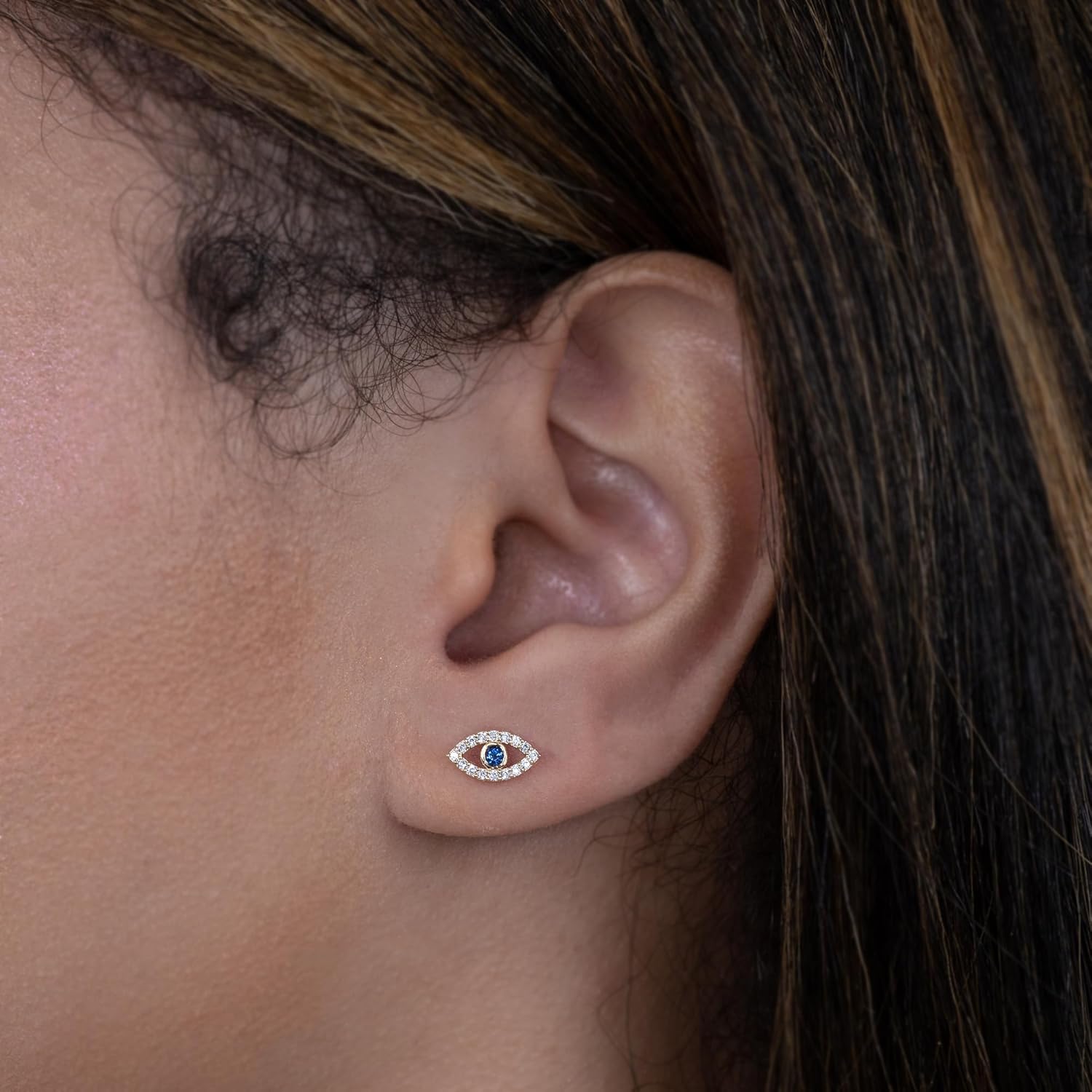 ANYGOLDS 14k Real Solid Gold Evil Eye Sapphire Stud Earrings – Diamond Cz Screw-back Earrings for Upper Earlobe, Cartilage, Helix, Tragus – Perfect for Minimalist Design - Sold as a Pair - Image 4