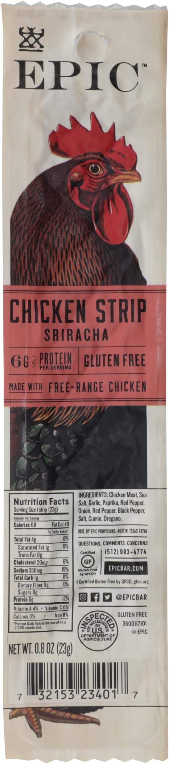Chicken Sriracha Jerky Strips, Gluten Free, 0.8 Ounce (Pack Of 20)