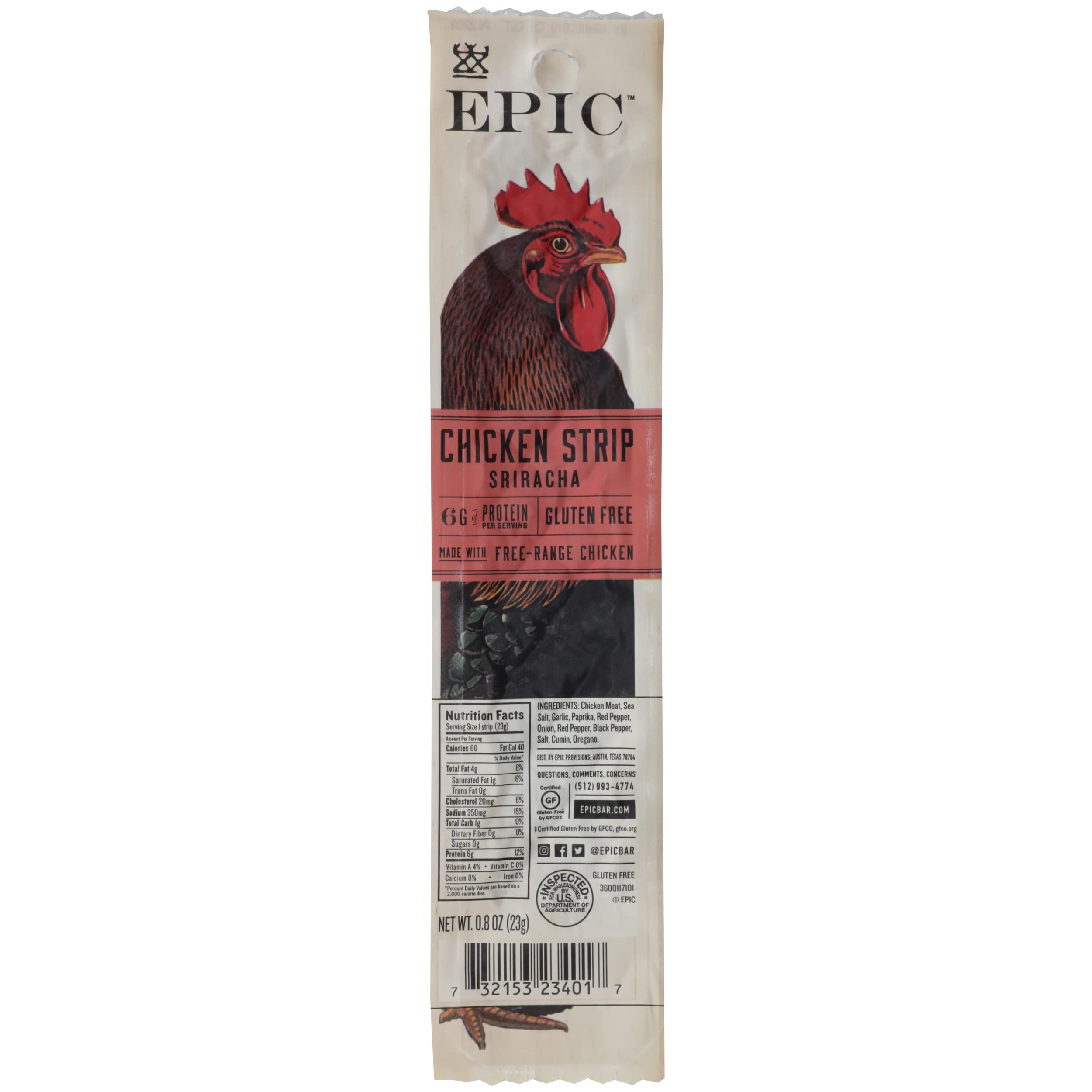 Epic Chicken Sriracha Jerky Strips, Gluten Free, 0.8 Ounce (Pack Of 20)