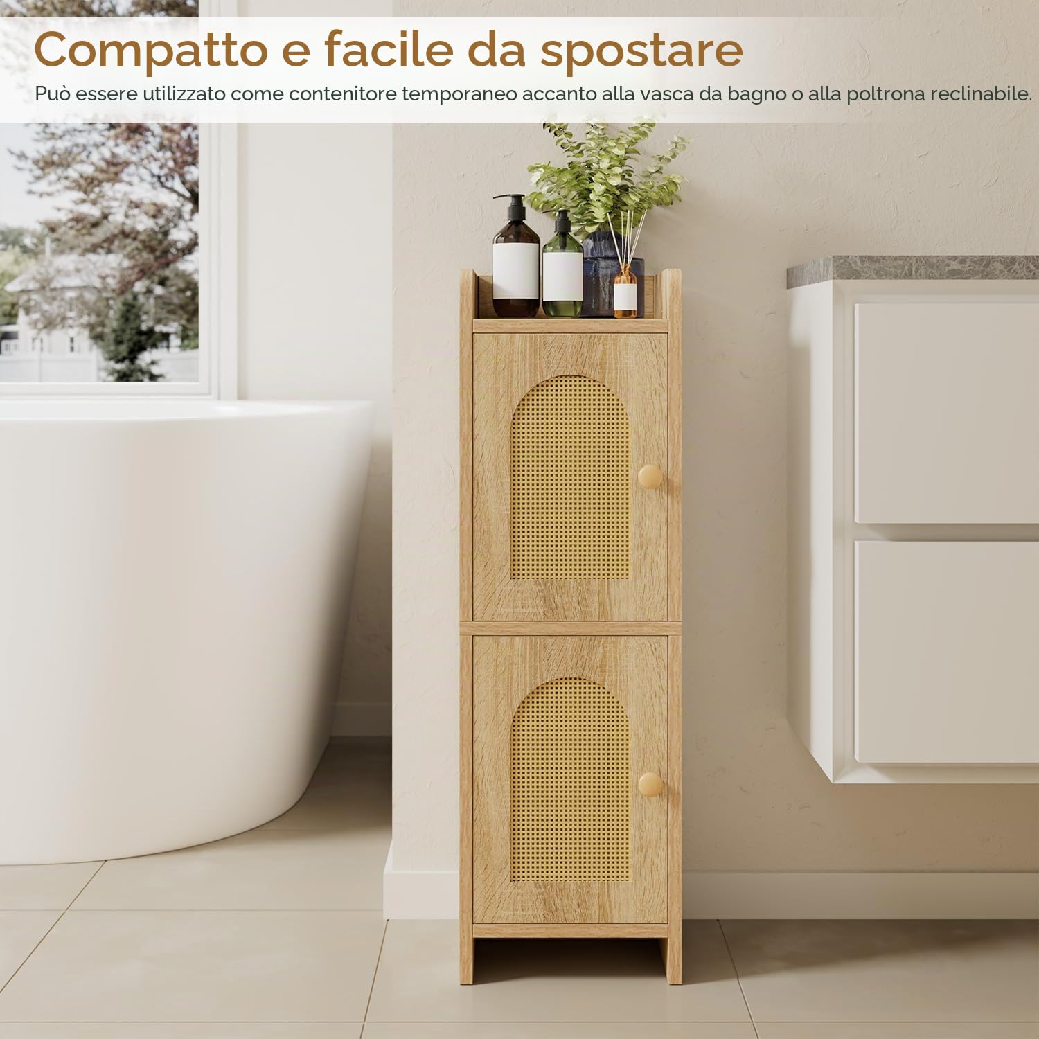 IBUYKE Piccolo armadietto da bagno con porta in rattan, porta carta igienica stretta, armadietto da pavimento con ripiani regolabili, organizer salvaspazio per articoli da toeletta WBS001N