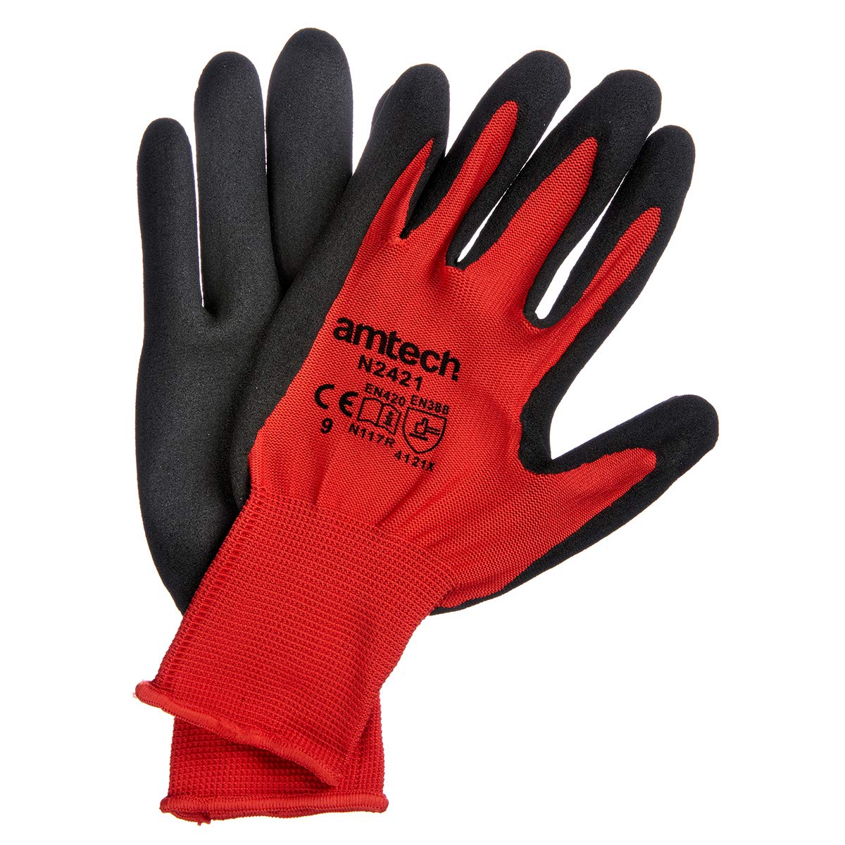 AmtechN2421 Nitrile Performance Work Gloves Large (Size 9), Certified Quality for DIY, Gardening and Maintenance, Red/Black, Size 9