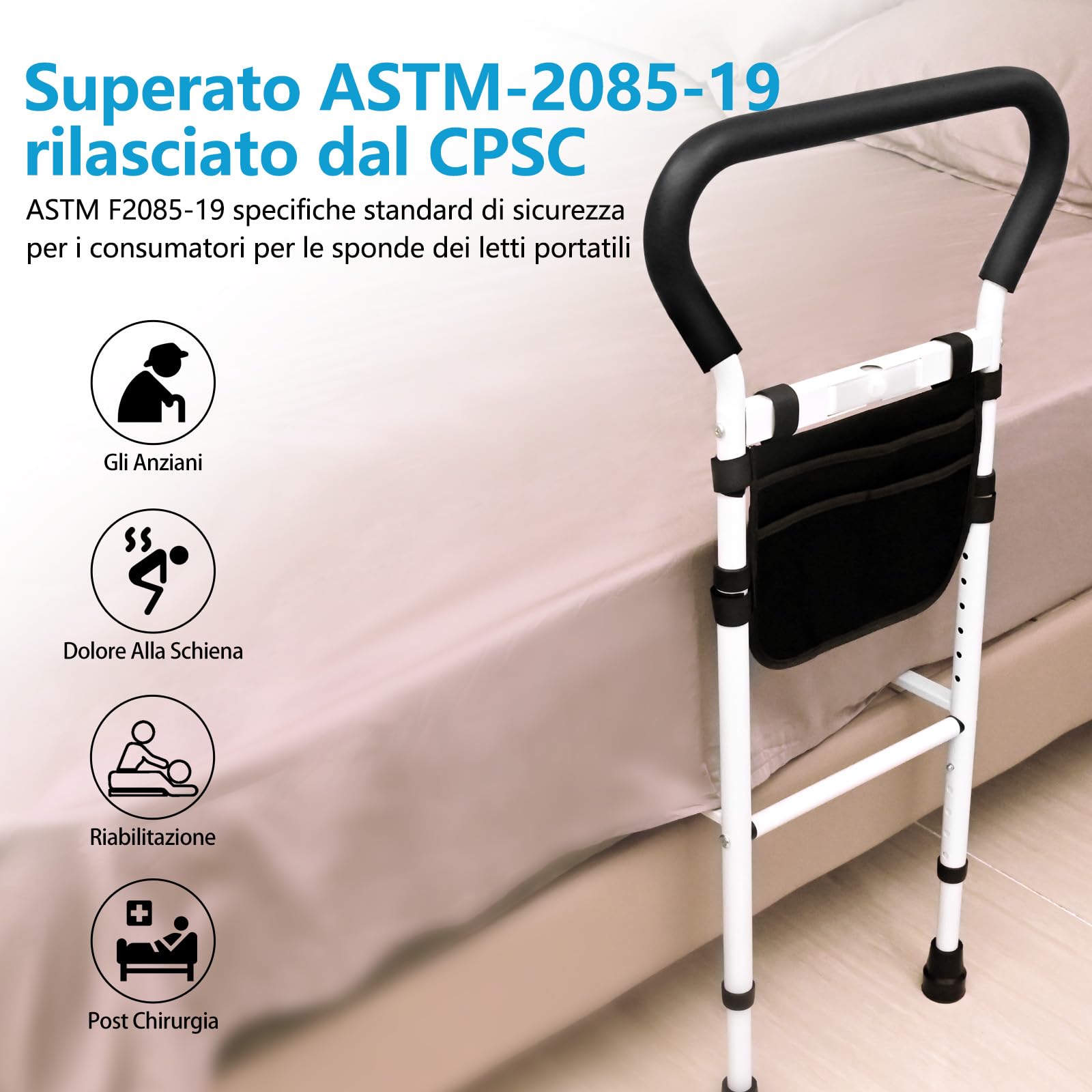 Sponda Letto Anziani Con Sensore Di Movimento Luce Notturna E Custodia Portaoggetti Sponde Letto Anziani Maniglia Per Barra Di Assistenza Anti-Caduta