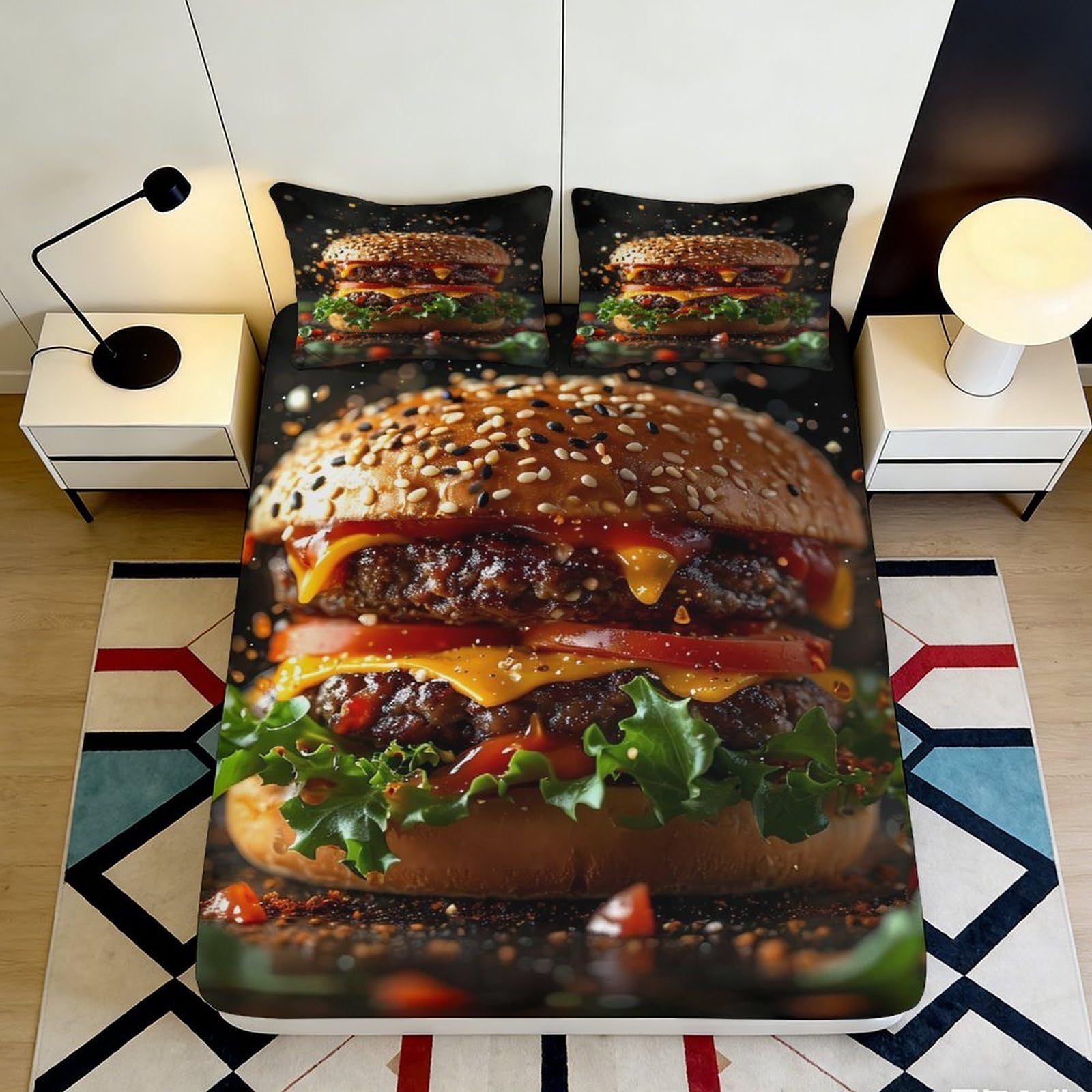 3D Printed Burger Fitted Sheet Microfiber Soft Breathable Cheeseburger Bed Cover for Bedroom Dormitory Guest Room Mattress Protection Decor 140x200x25cm