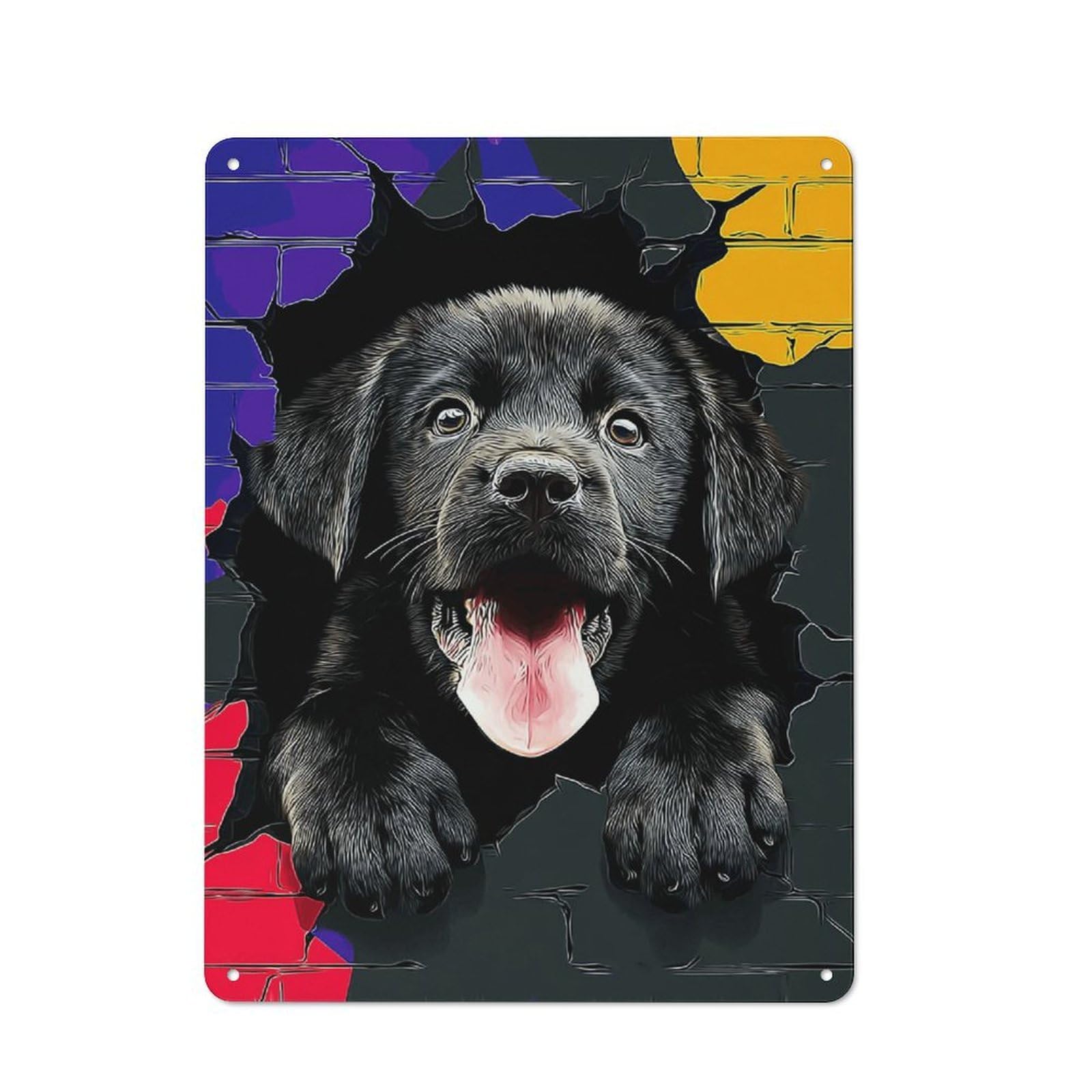 Junmoney Colorful Puppy Breaks Through Wall -1 Printed Metal Sign 40X30cm For Hobby Room Or Studio, Gift Idea At Christmas For Creative Interior Collectors