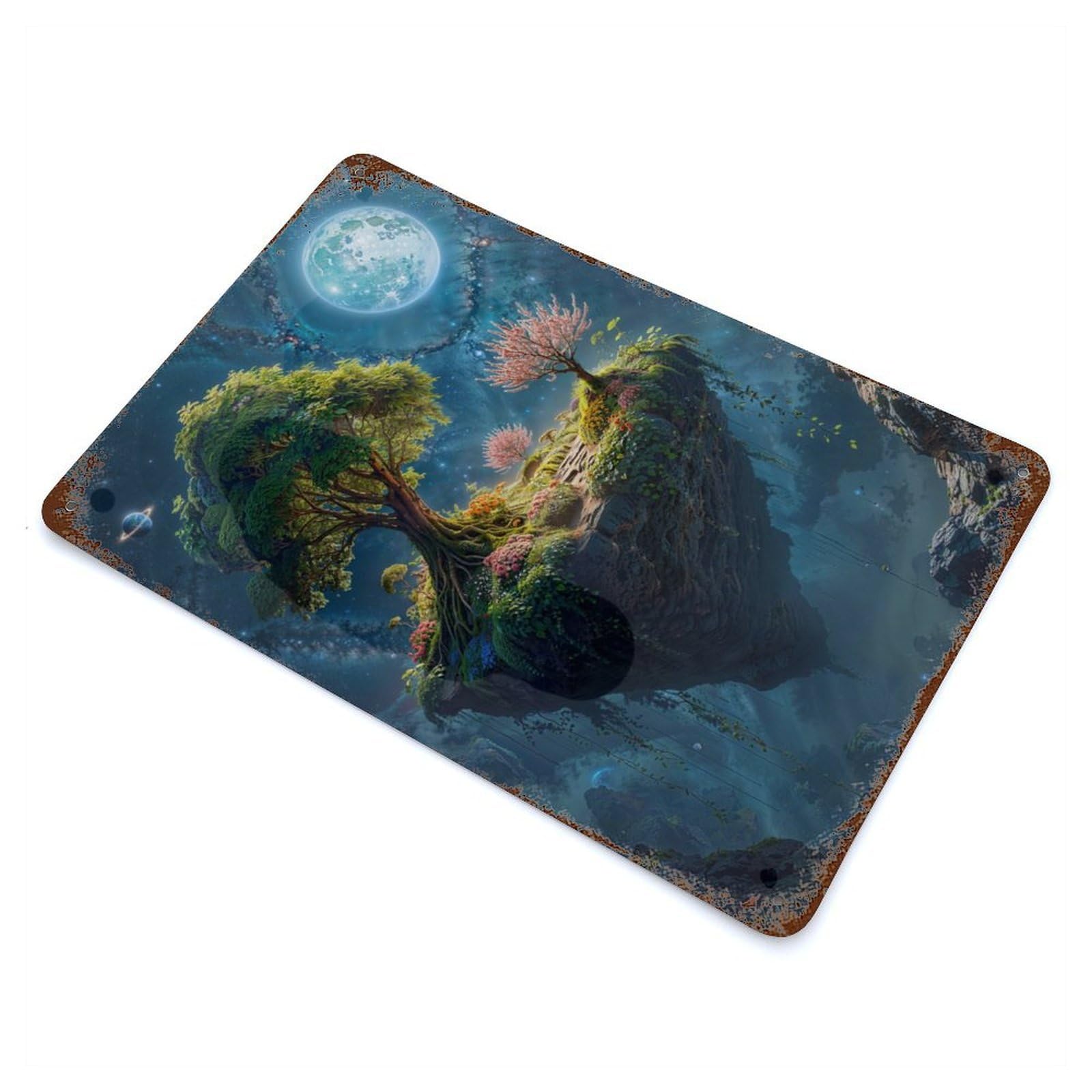 Rust Effect Floating Island with Trees Distressed Metal Wall Sign 11.8"x7.9", Decorative Metal Wall Art for Living Room, Hallway And Home Decor
