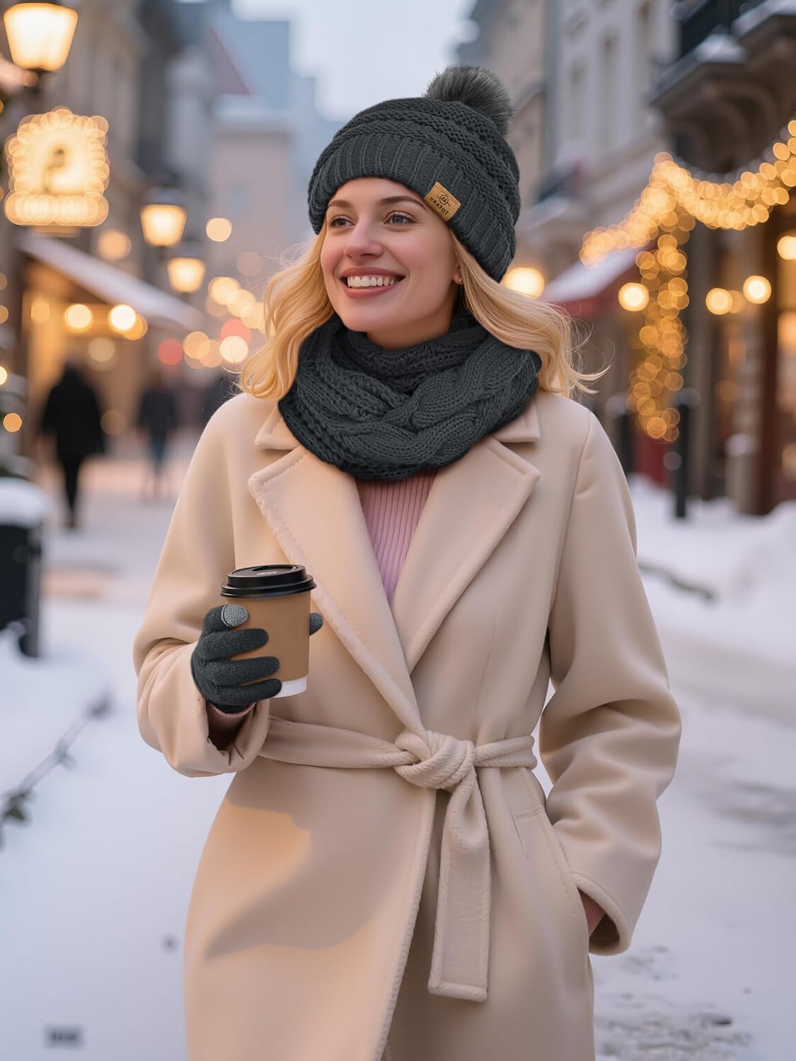 URATOT 4-In-1 Winter Warm Sets Knitted Scarf Touch Screen Gloves Beanie Pompom Hat and Winter Ear Warmer for Men or Women - Image 5