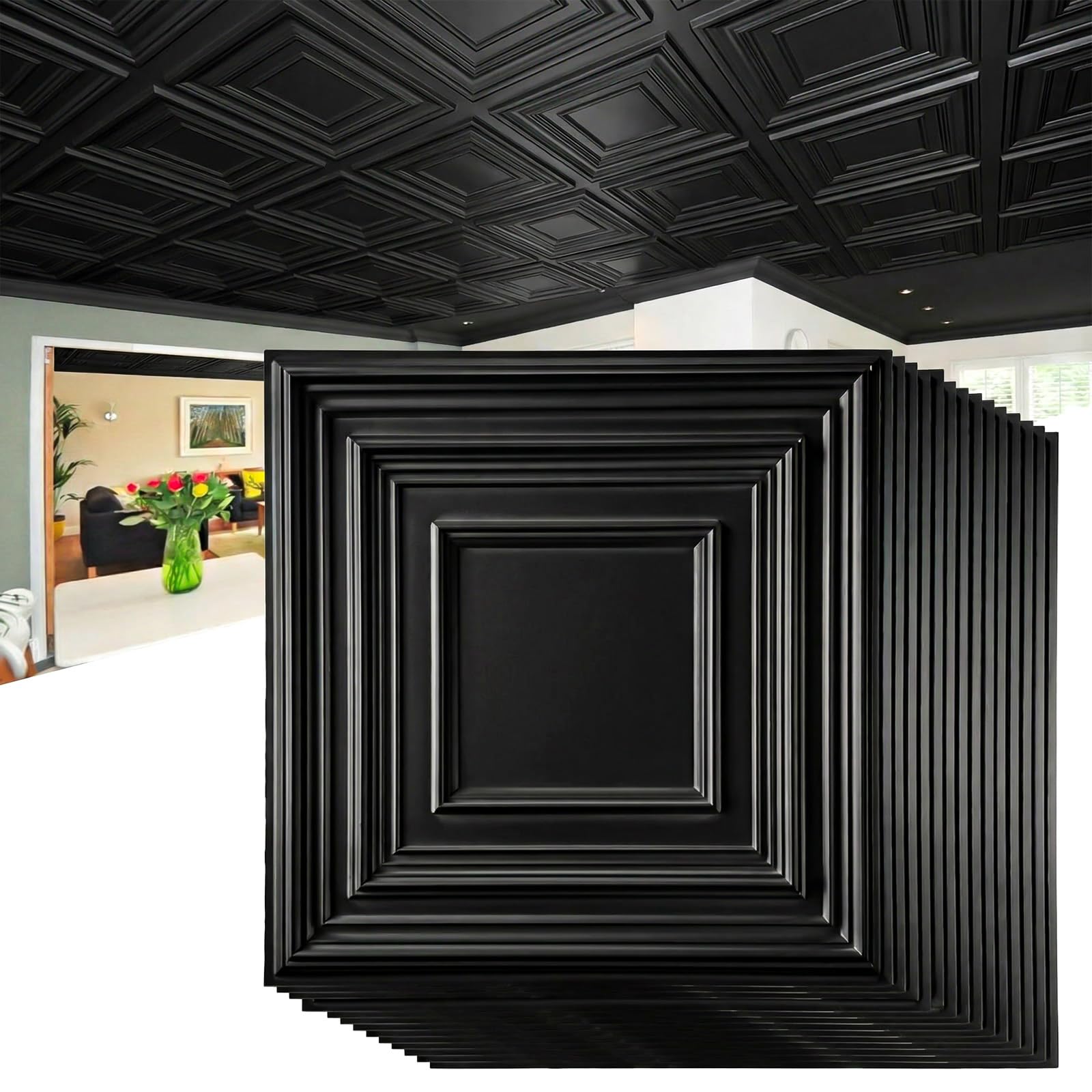 Dalles de plafond PVC 30,5x30,5cm : revêtement mural autocollant noir pour salle de bain