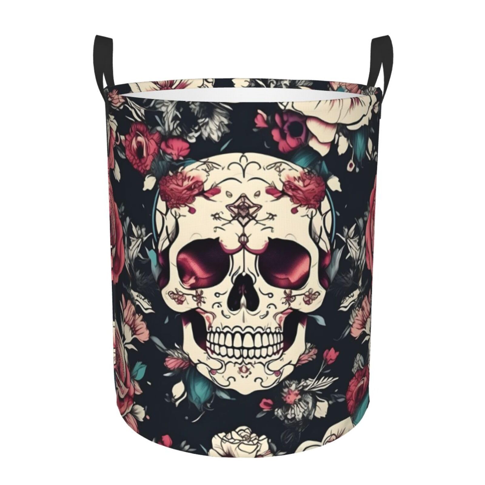 S Collapsible Laundry Hamper Round Flowers Skull Ornamental Pattern Print Storage