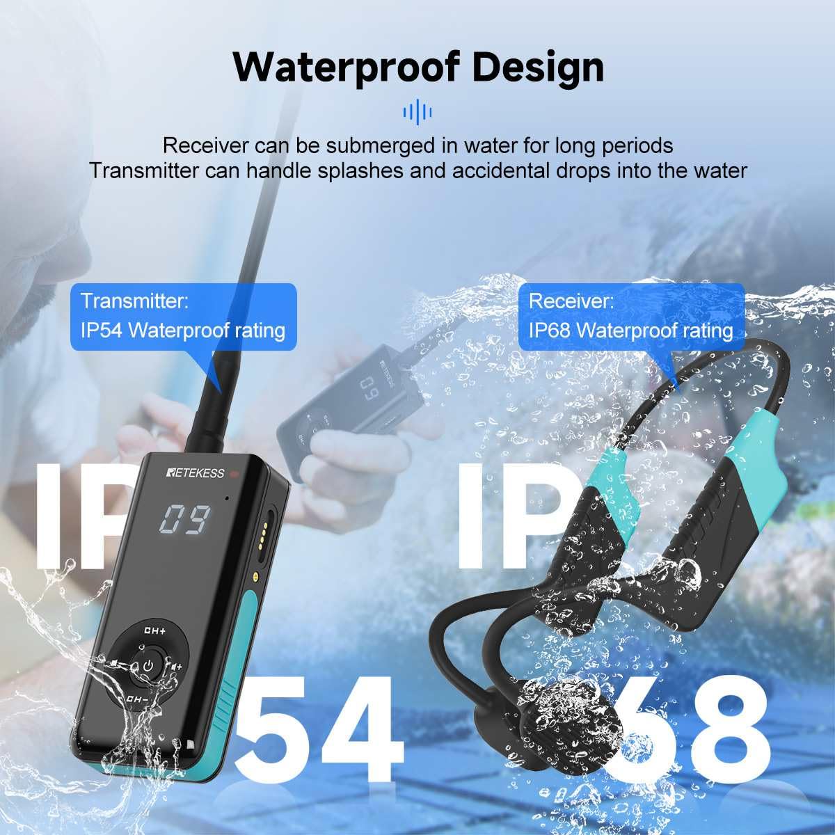 Retekess TT120 Swim Coach Communicator, Underwater Communicator, IP68 Wasserdicht, 120 M, Schwimmtrainer-Kommunikator für Schwimmtraining und Coaching (1 Sender, 20 Empfänger)