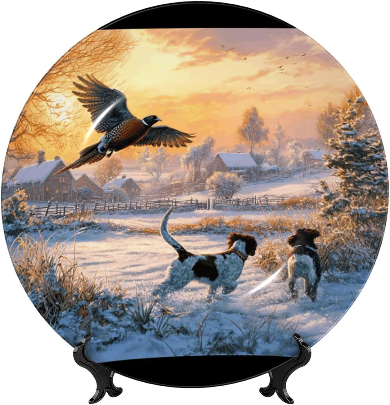 Bone China Decorative Plate with Display Dog Catching Pheasant Ceramic Plates Crafts Art Decor Dessert Plate Ceramic Ornament Porcelain Plates for Living Room Kitchen Table Home Decor
