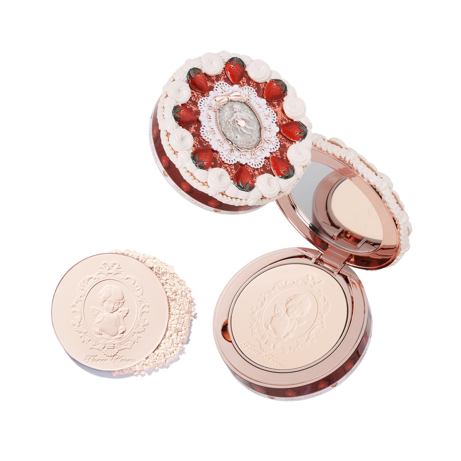 Flower Knows Strawberry Cupid Pressed Powder with Mirror & Puff, Vegan 02 Ivory Beige 0.34 Ounce (Pack of 1)