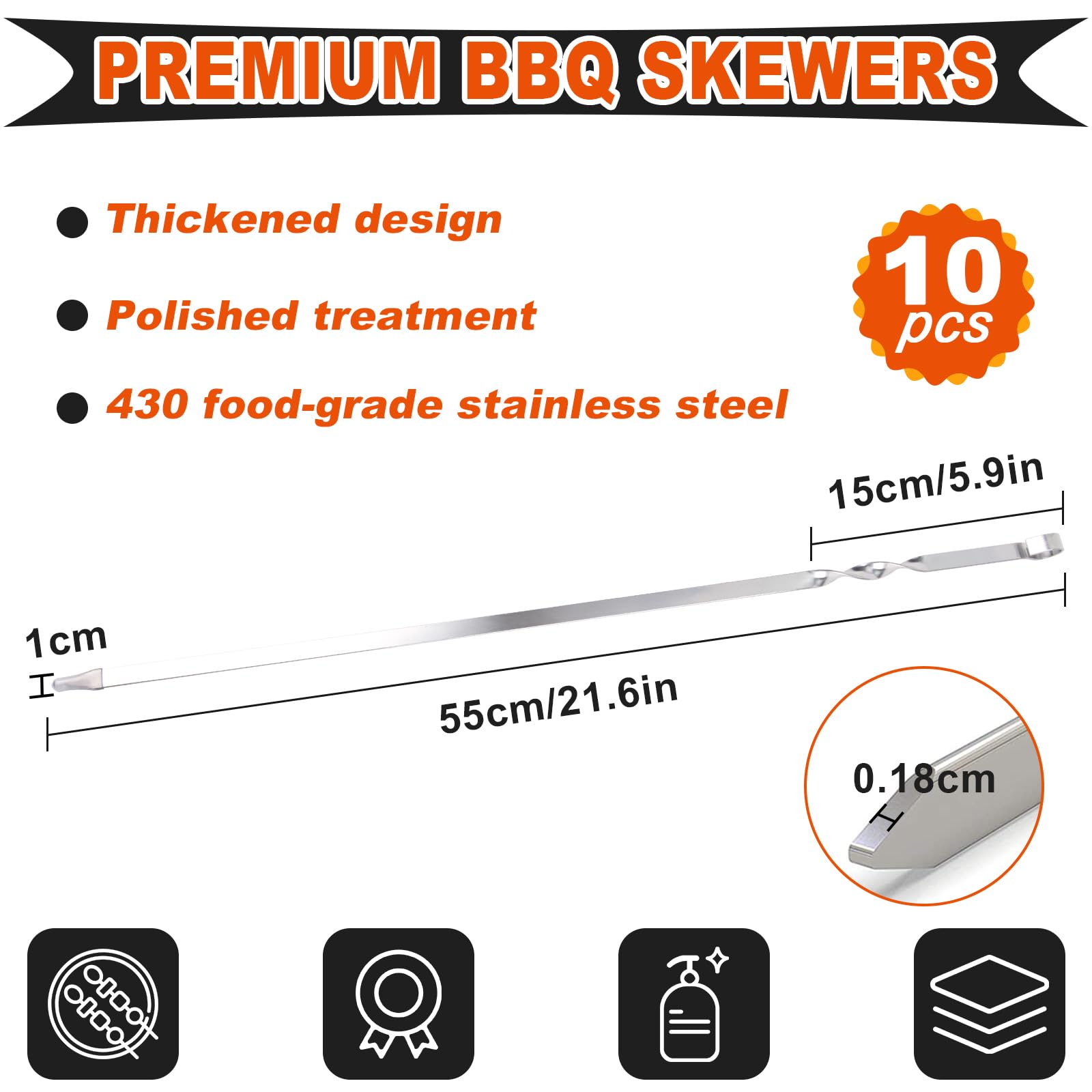 KEYIDO Lot de 10 brochettes à kebab en acier inoxydable de 55 cm, extra longues et plates pour barbecue, brochettes réutilisables avec sac de rangement portable (55,1 cm)