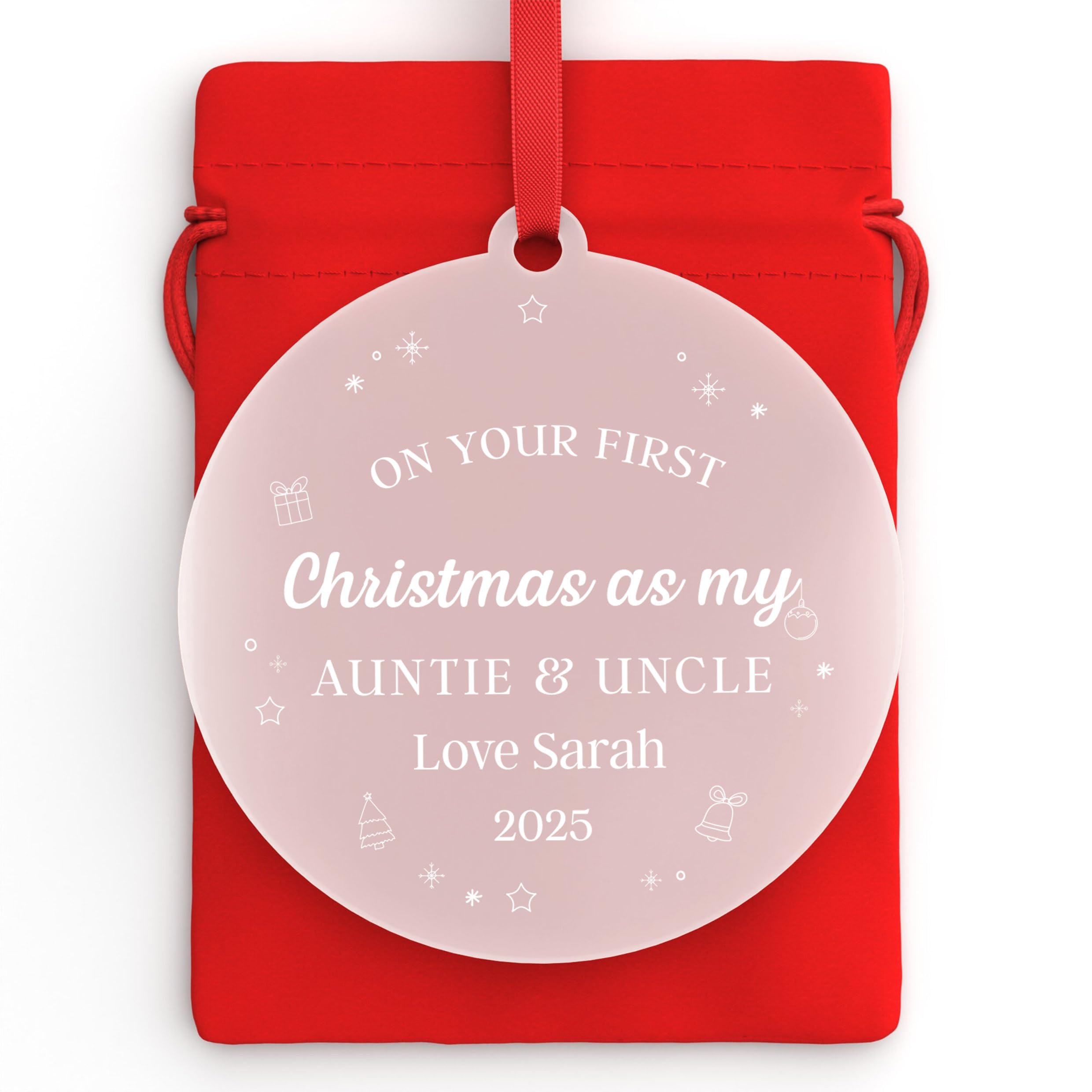 Beecreative First Christmas As Auntie Uncle Bauble - Christmas Ornament for Nephew Niece 1st Xmas - With Red Bag