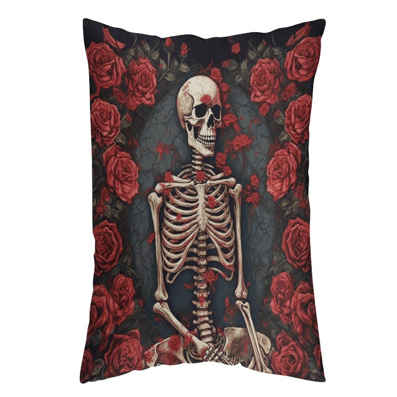LDGSUPH Skeleton with Roses Pillow Cases Soft Pillowcase with Invisible Zipper Wrinkle Resistant Pillow Covers Breathable Removable Pillow Protector for Bed Sofa Car 20"x30"
