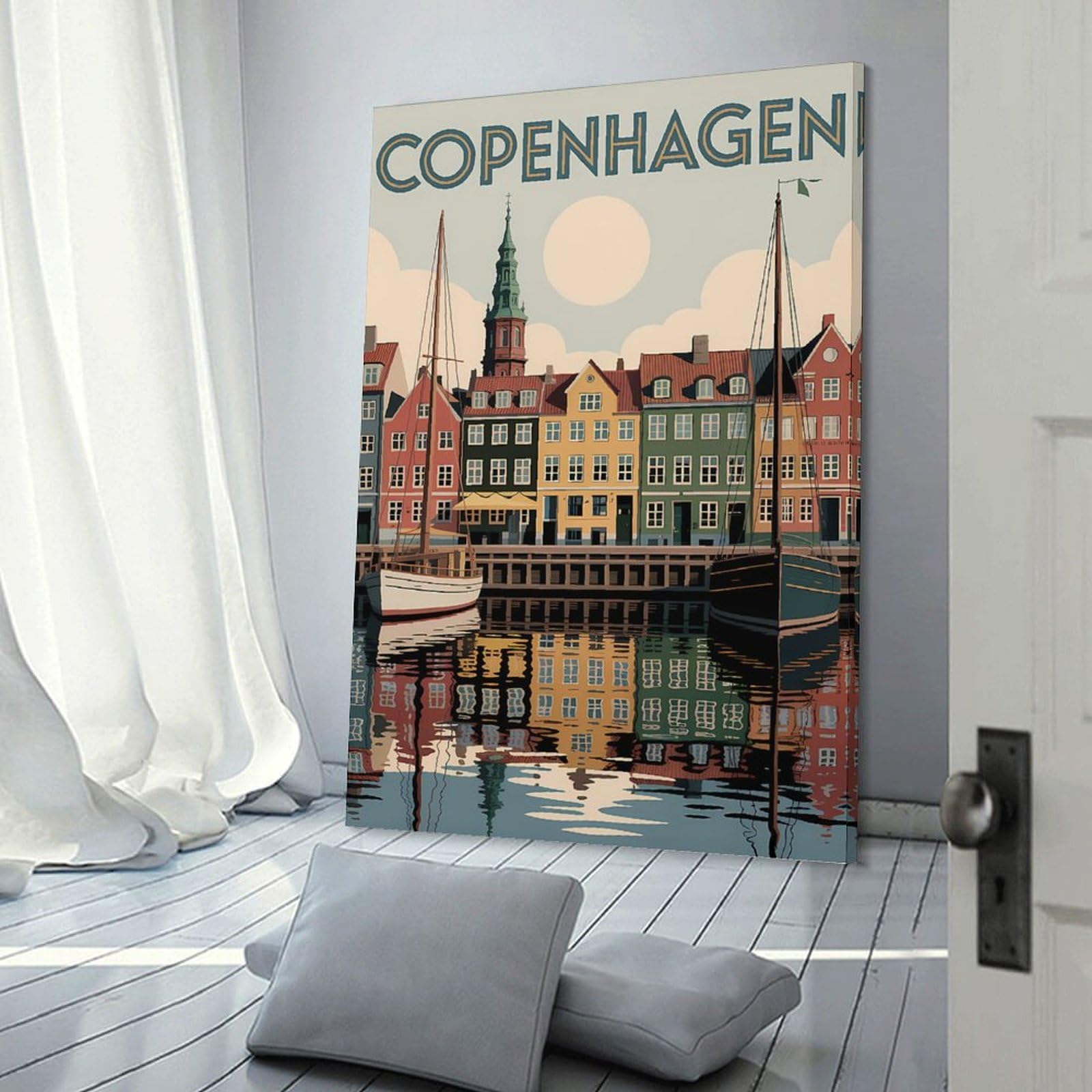 Junmoney Copenhagen Cityscape with Boats And Reflections Room Decor Wall Art, 24x36inch(60x90cm), for Office, Study Or Home Workspace, Decorative Artwork for Productive Spaces