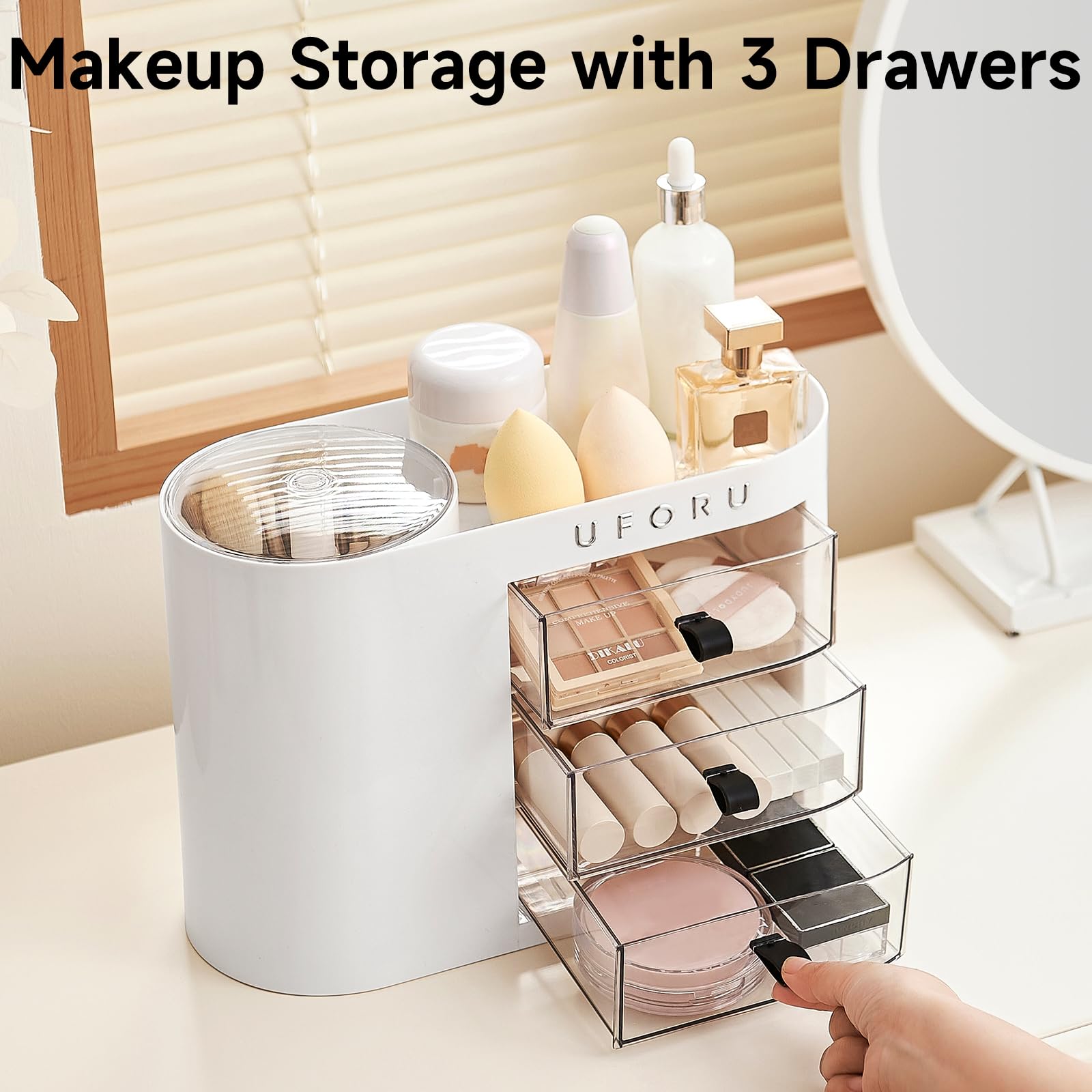 UFORU Organiseur de maquillage pour coiffeuse, comptoir avec porte-pinceaux, blanc