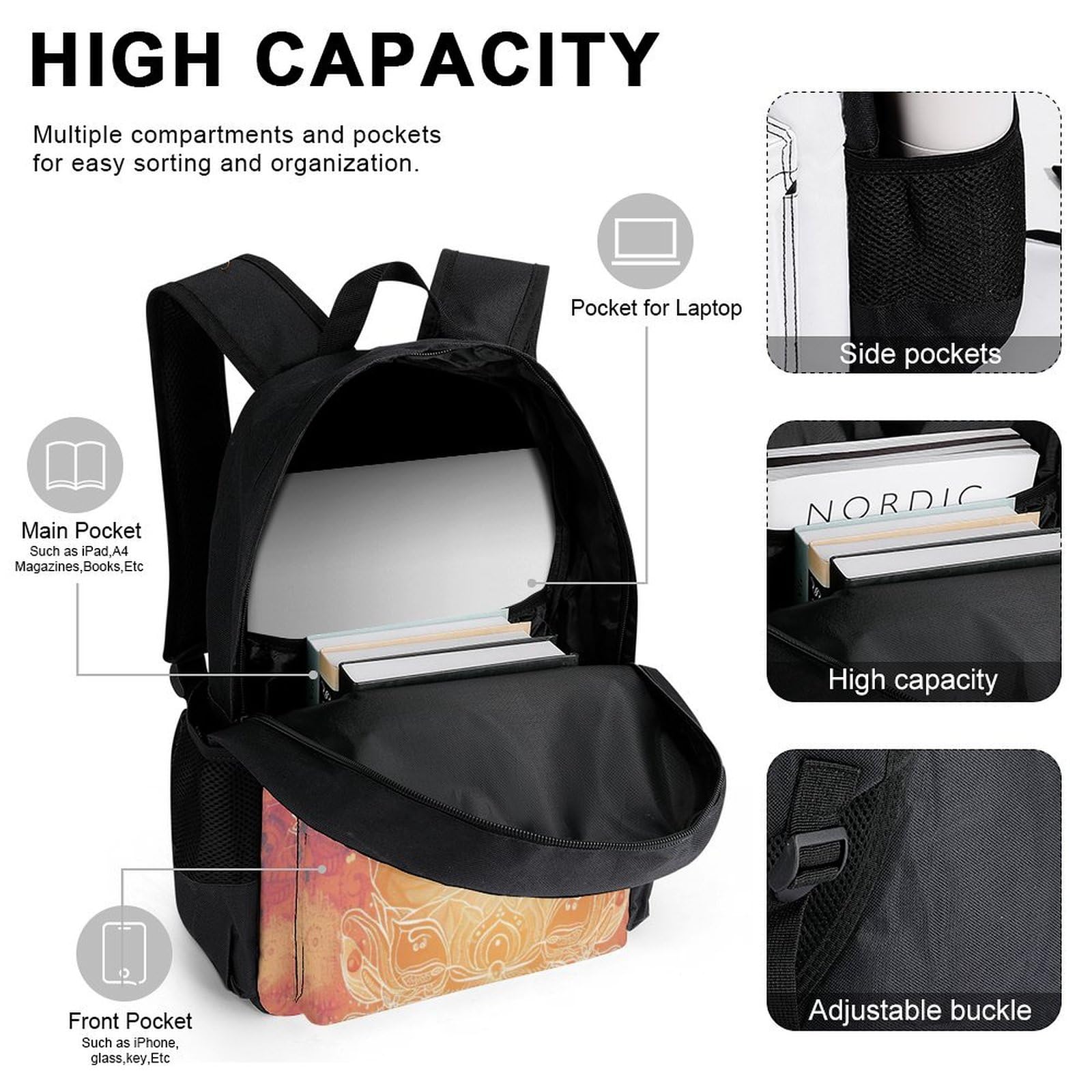 Ensemble de Sac à Dos Bouddha Fille Primaire 3 Pièce, Cartable Enfant Bouddhisme Scolaire avec Sacs à Déjeuner et Trousse Crayon, Sac Ecole Fille pour CP CE CM 8-13 ans