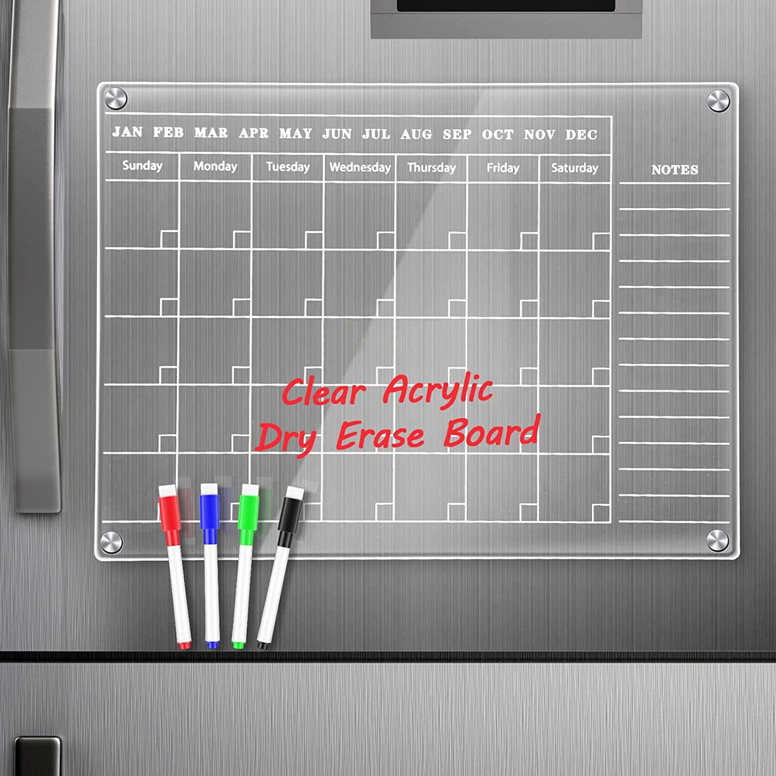 Whiteboard aus transparentem Acryl, Monatskalender-Set mit Marker, Stifthalter, Radiergummi für Kühlschrank, Erinnerung an die Wand für Kühlschrank