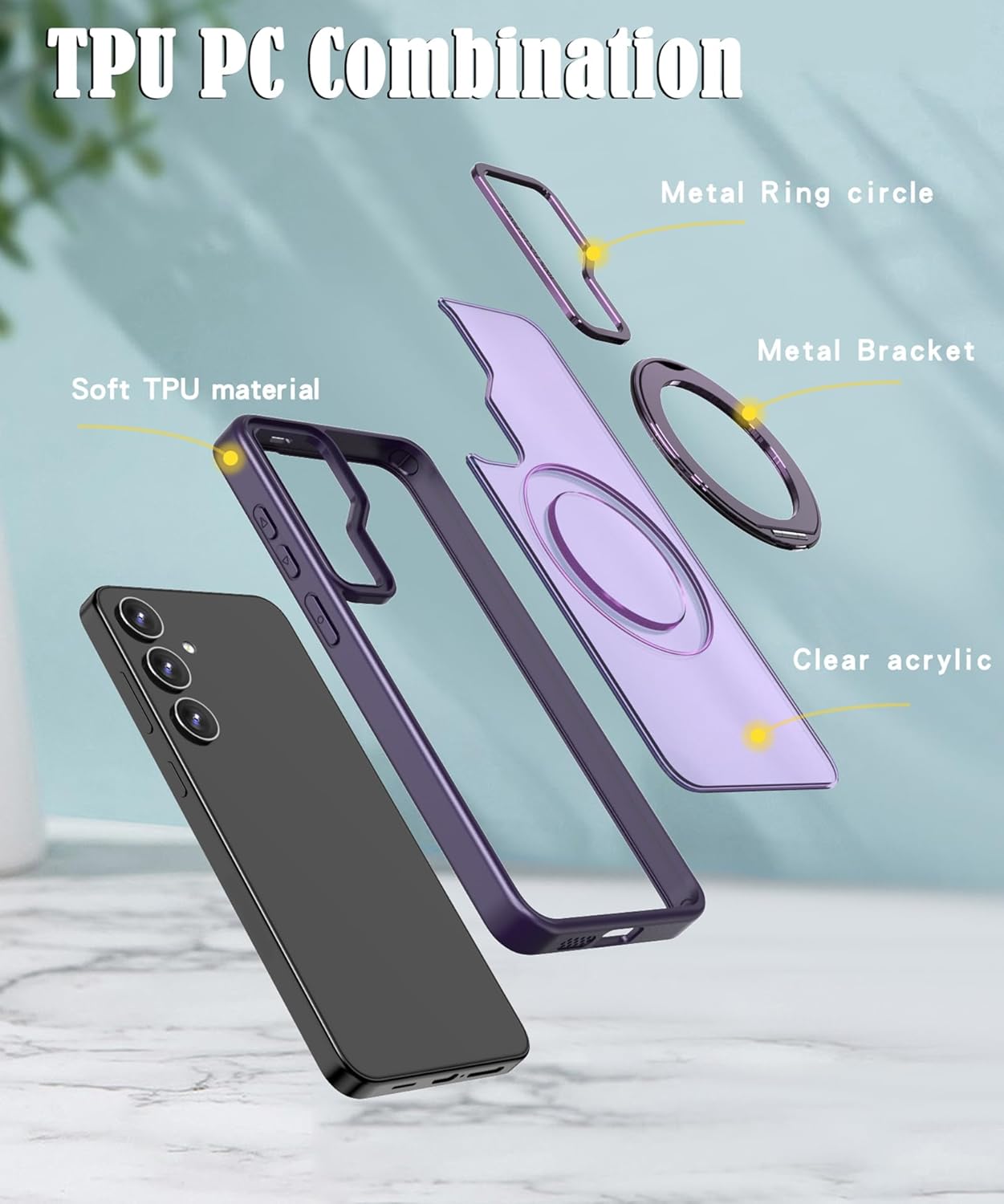 for Samsung Galaxy S25 FE Case Purple, with 2 Tempered Glass Film, 360 Spin Magnetic Stand, Compatible with Magsafe, Slim Phone Case