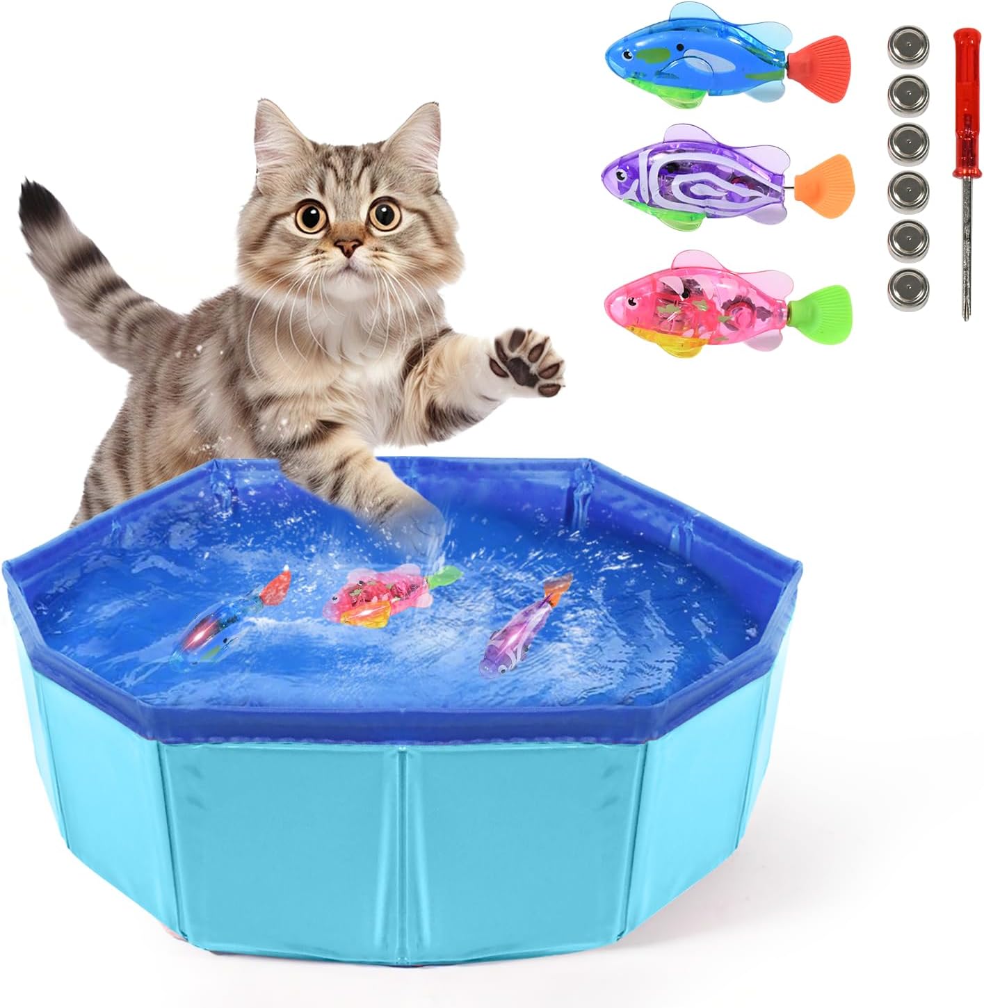 Cat Pool with Fish LED Automatic Robotic swimming fish toys for cats 3 Self Sensor Fish with Flashing Lights Leak-Proof Kitten Water Play Mat for Indoor Cats Fun Bath & Exercise Toy 12” Cat Pool