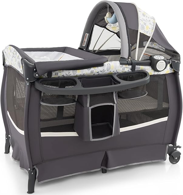 Maxmass 4 in 1 Baby Travel Cot, Infant Bedside Sleeper with Changing Table, Mattress, Music Box, Adjustable Canopy, Storage Rack & Carry Bag, Foldable Bassinet for Newborn Toddlers (Dark Gray+Leafage)