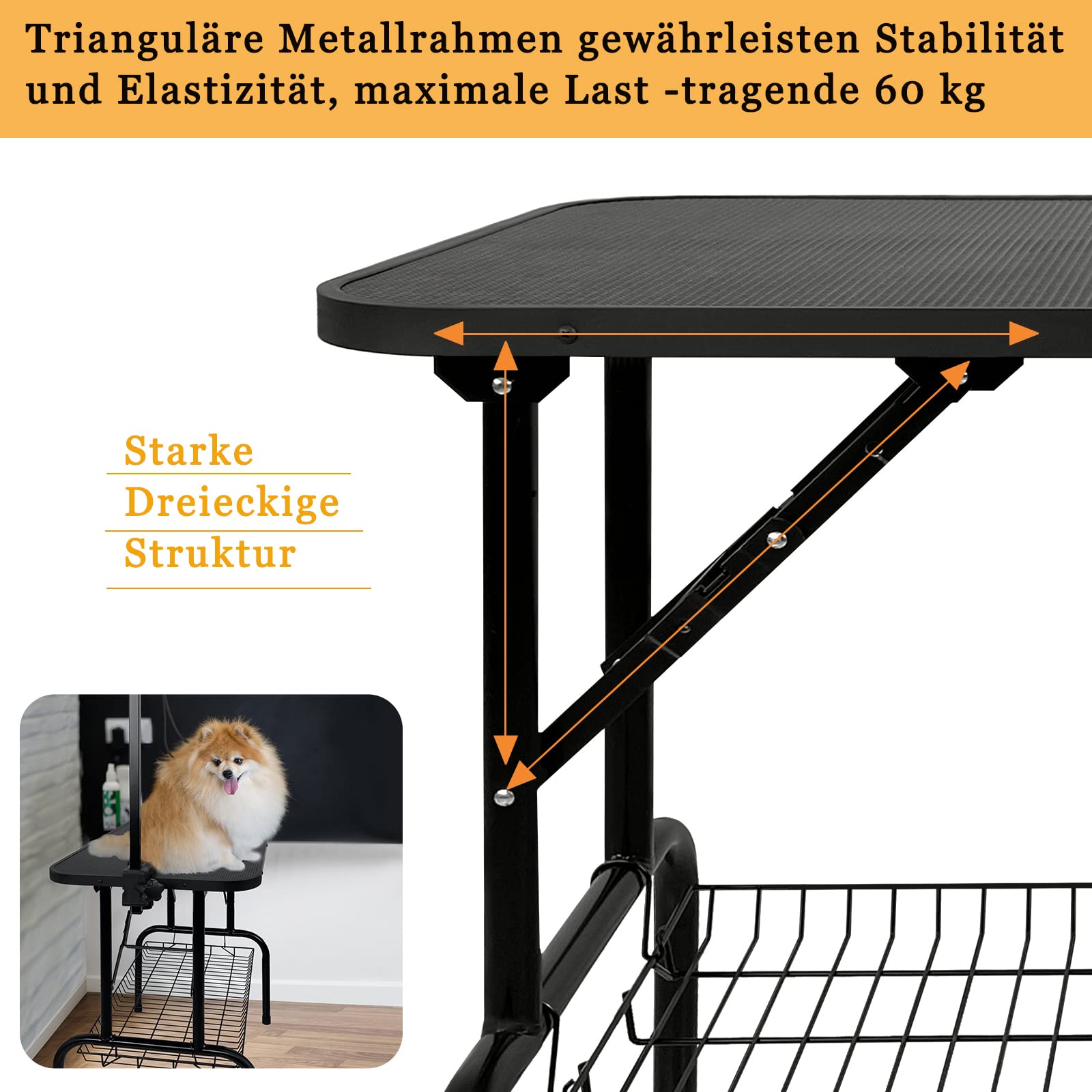 LILIIN Trimmtisch für Hunde, Klappbar Schertisch Hundepflegetisch Höhenverstellbar, Tierpflegetisch Hundefrisiertisch Badetisch bis 60 KG, Schwarz, 80.5×46×76cm