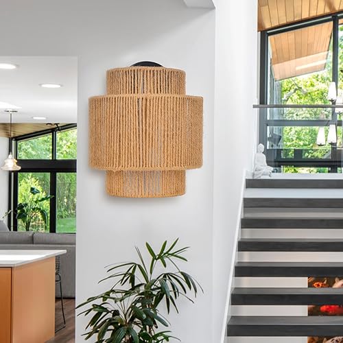 Miniatura 3 de Hodevimall Lámpara de pared con cuerda de cáñamo, apliques de pared inalámbricos para dormitorio, estilo rústico de granja, vintage, para
