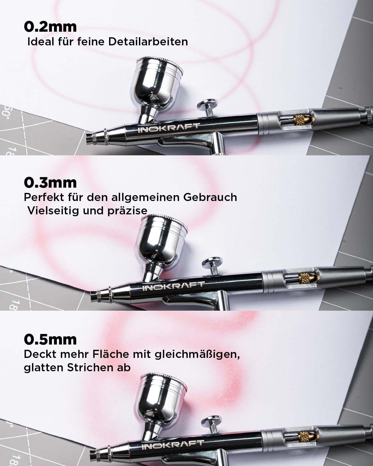 InoKraft Airbrush-Set mit Kompressor 1/6 HP leiser Luftkompressor, 3 Düsen 0,2 0,3 0,5 mm, Airbrushpistole, Schlauch, Halter, Anleitung, 4 Farben